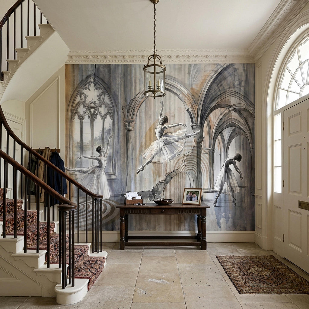 Ballet Dancers Peel and Stick Wall Mural, Watercolor Ballerina Sketch Gothic Arches Ballroom Scene Neutral Gray Beige Dance Studio Wallpaper