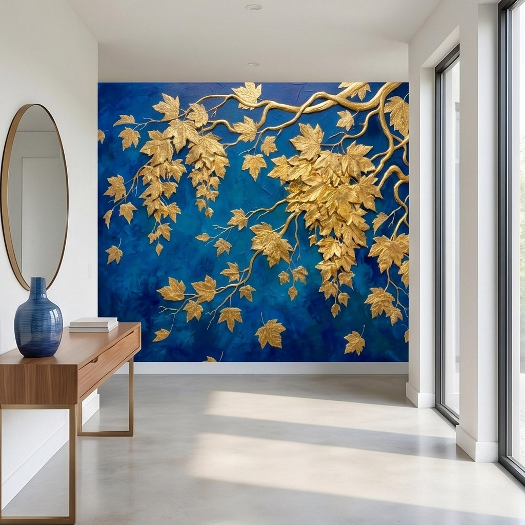 Golden Vine Leaves Peel and Stick Wall Mural, Deep Cobalt Blue Textured Background, Gilded Botanical Branches Statement Gold Leaf Wallpaper