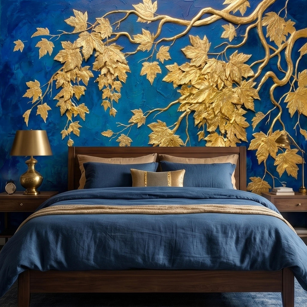 Golden Vine Leaves Peel and Stick Wall Mural, Deep Cobalt Blue Textured Background, Gilded Botanical Branches Statement Gold Leaf Wallpaper