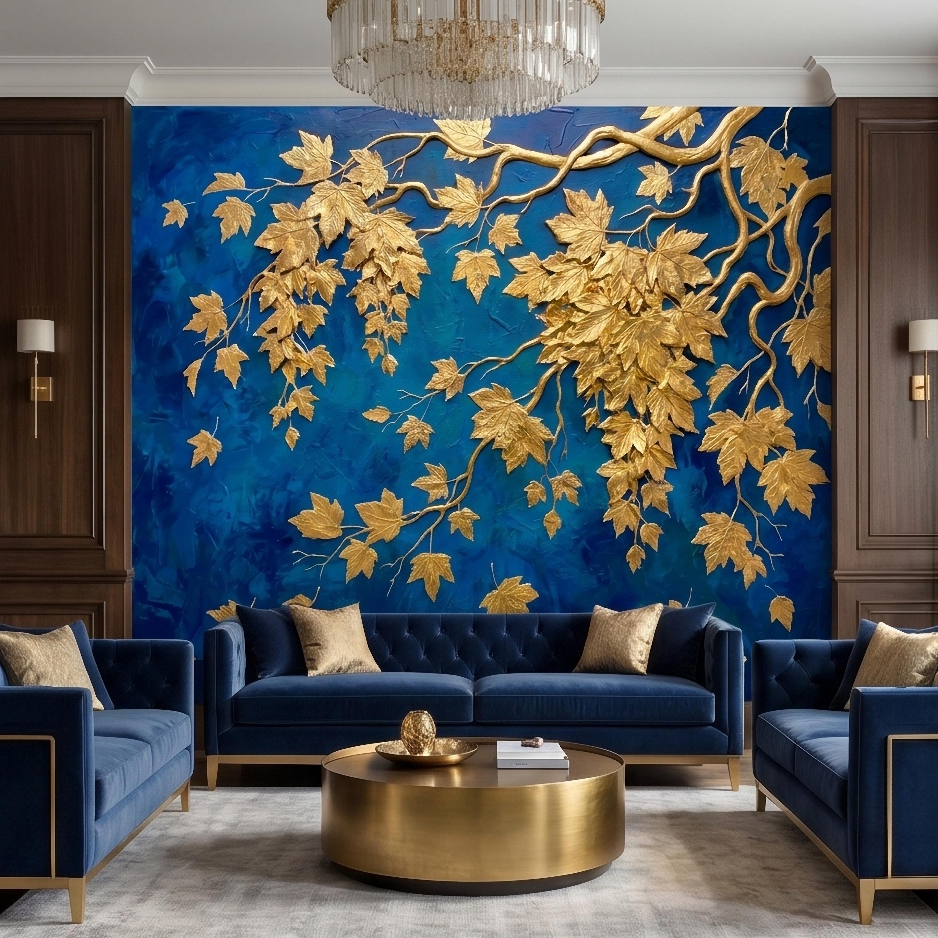 Golden Vine Leaves Peel and Stick Wall Mural, Deep Cobalt Blue Textured Background, Gilded Botanical Branches Statement Gold Leaf Wallpaper