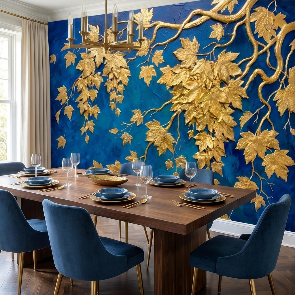 Golden Vine Leaves Peel and Stick Wall Mural, Deep Cobalt Blue Textured Background, Gilded Botanical Branches Statement Gold Leaf Wallpaper