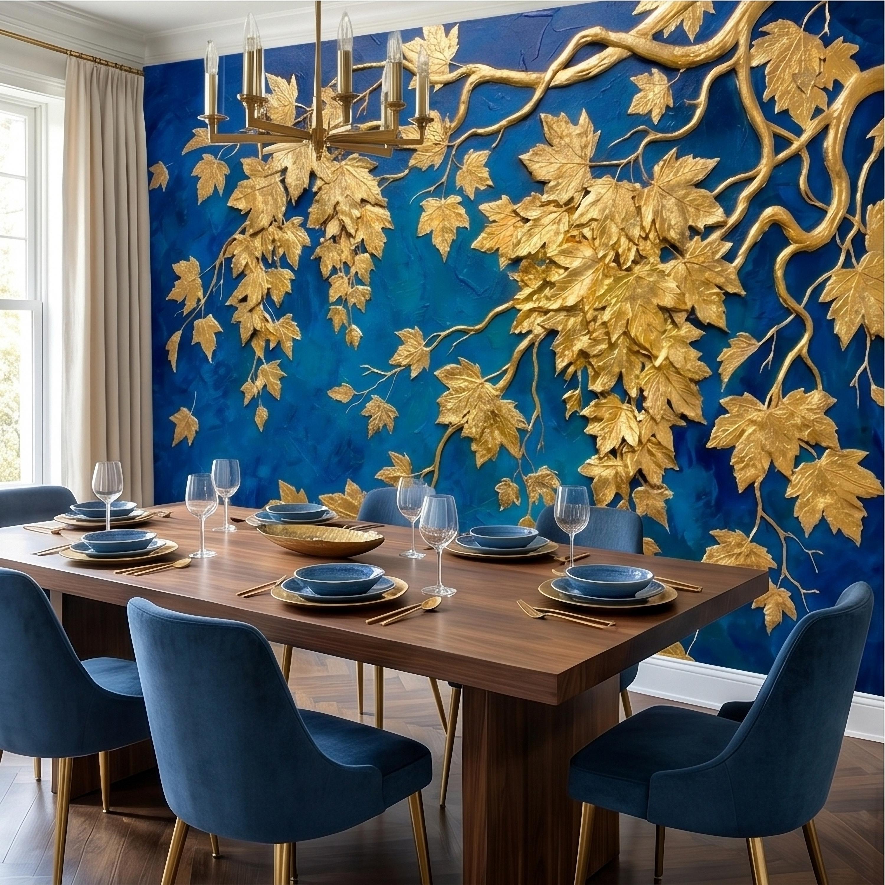 Golden Vine Leaves Peel and Stick Wall Mural, Deep Cobalt Blue Textured Background, Gilded Botanical Branches Statement Gold Leaf Wallpaper