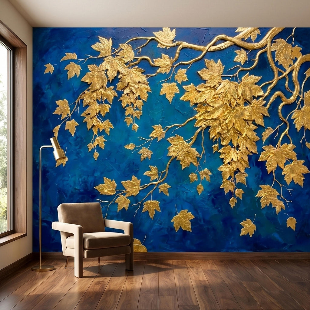 Golden Vine Leaves Peel and Stick Wall Mural, Deep Cobalt Blue Textured Background, Gilded Botanical Branches Statement Gold Leaf Wallpaper