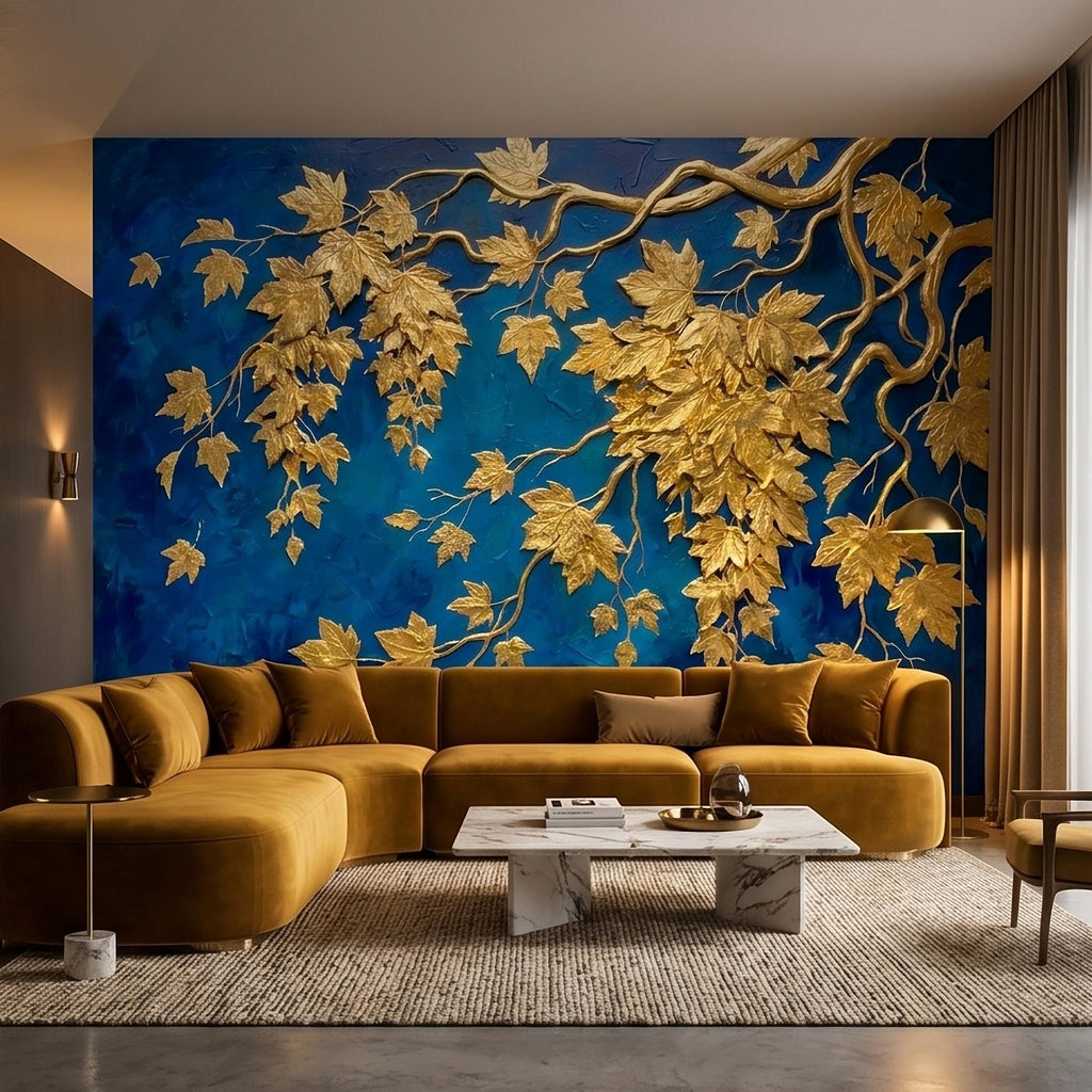 Golden Vine Leaves Peel and Stick Wall Mural, Deep Cobalt Blue Textured Background, Gilded Botanical Branches Statement Gold Leaf Wallpaper