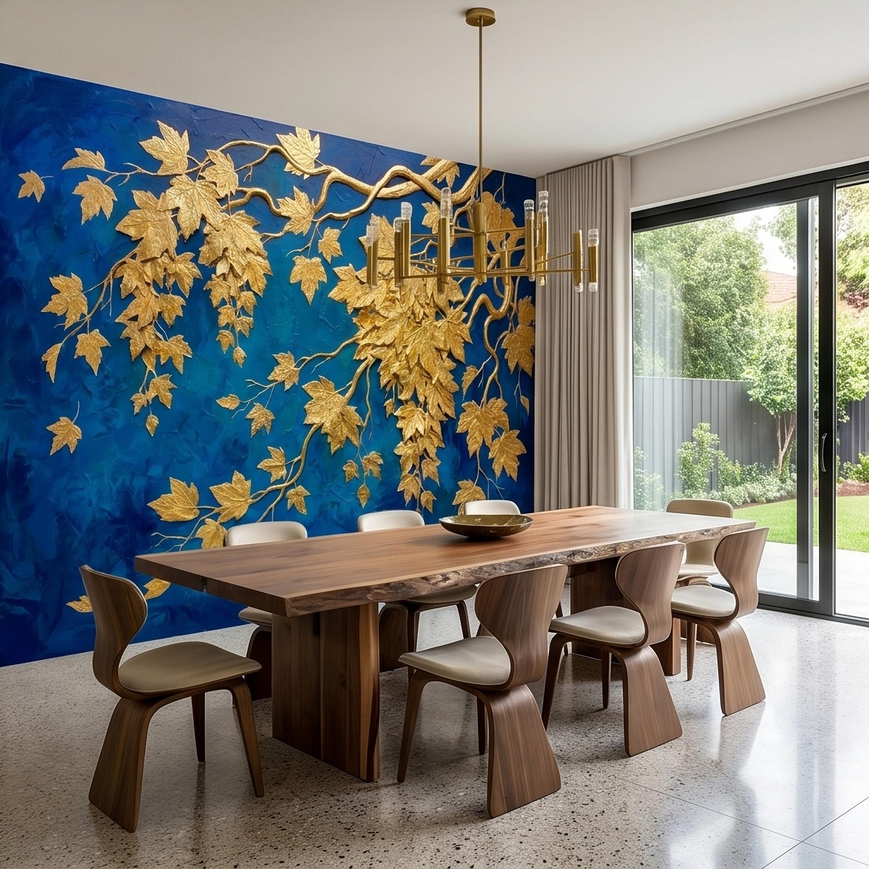 Golden Vine Leaves Peel and Stick Wall Mural, Deep Cobalt Blue Textured Background, Gilded Botanical Branches Statement Gold Leaf Wallpaper