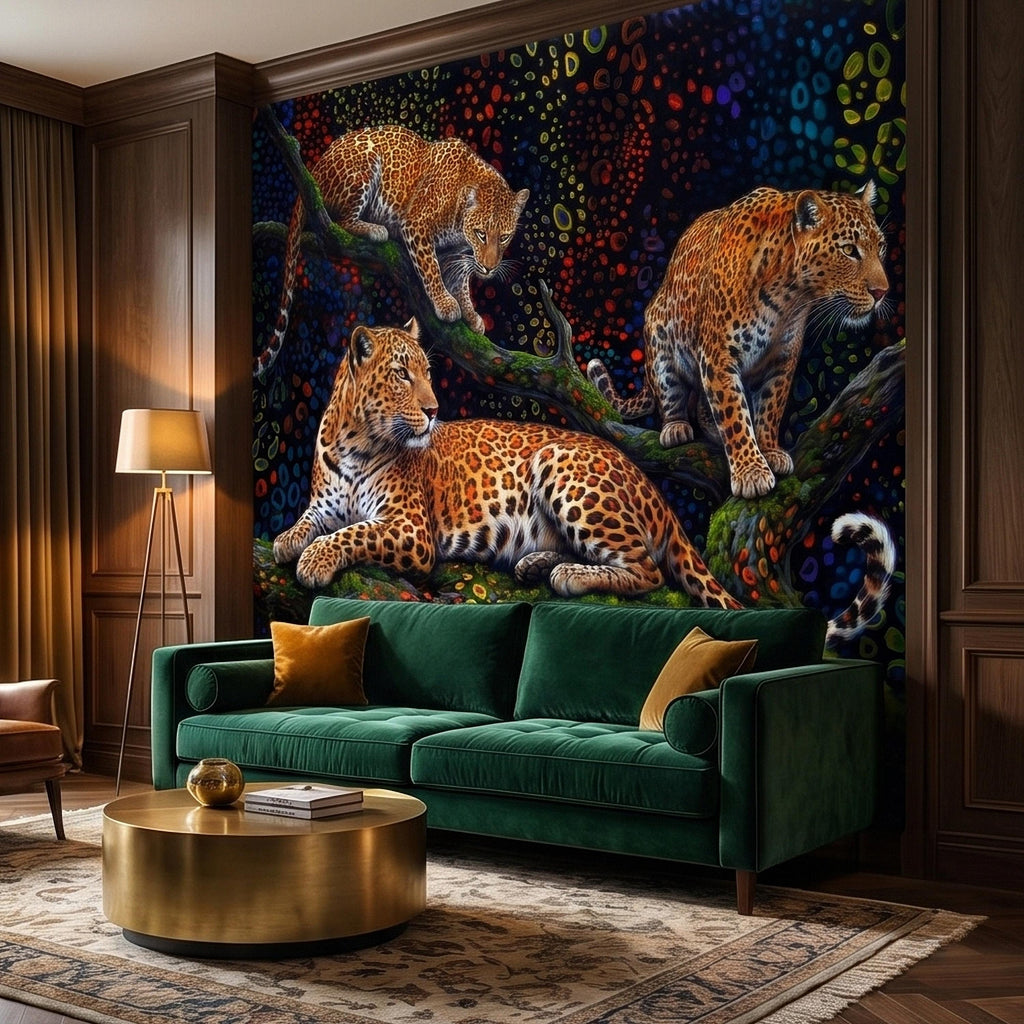 Neon Leopard Peel and Stick Wall Mural, Colorful Jungle Big Cats on Tree Branches, Vibrant Psychedelic Wildlife Safari Night Art Wallpaper