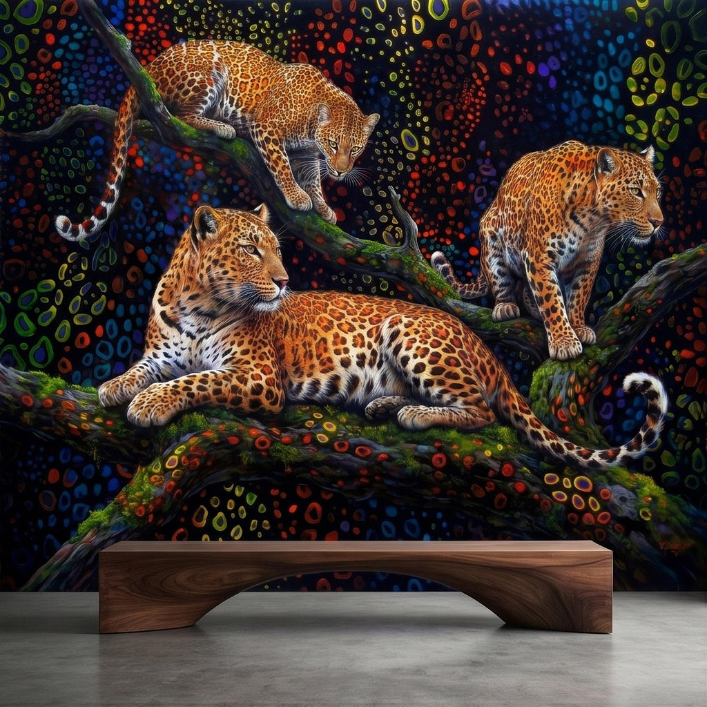 Neon Leopard Peel and Stick Wall Mural, Colorful Jungle Big Cats on Tree Branches, Vibrant Psychedelic Wildlife Safari Night Art Wallpaper