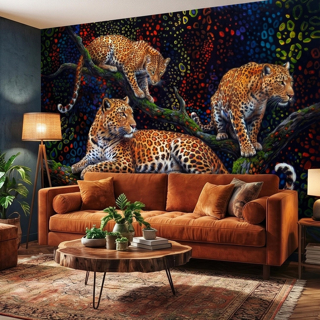 Neon Leopard Peel and Stick Wall Mural, Colorful Jungle Big Cats on Tree Branches, Vibrant Psychedelic Wildlife Safari Night Art Wallpaper