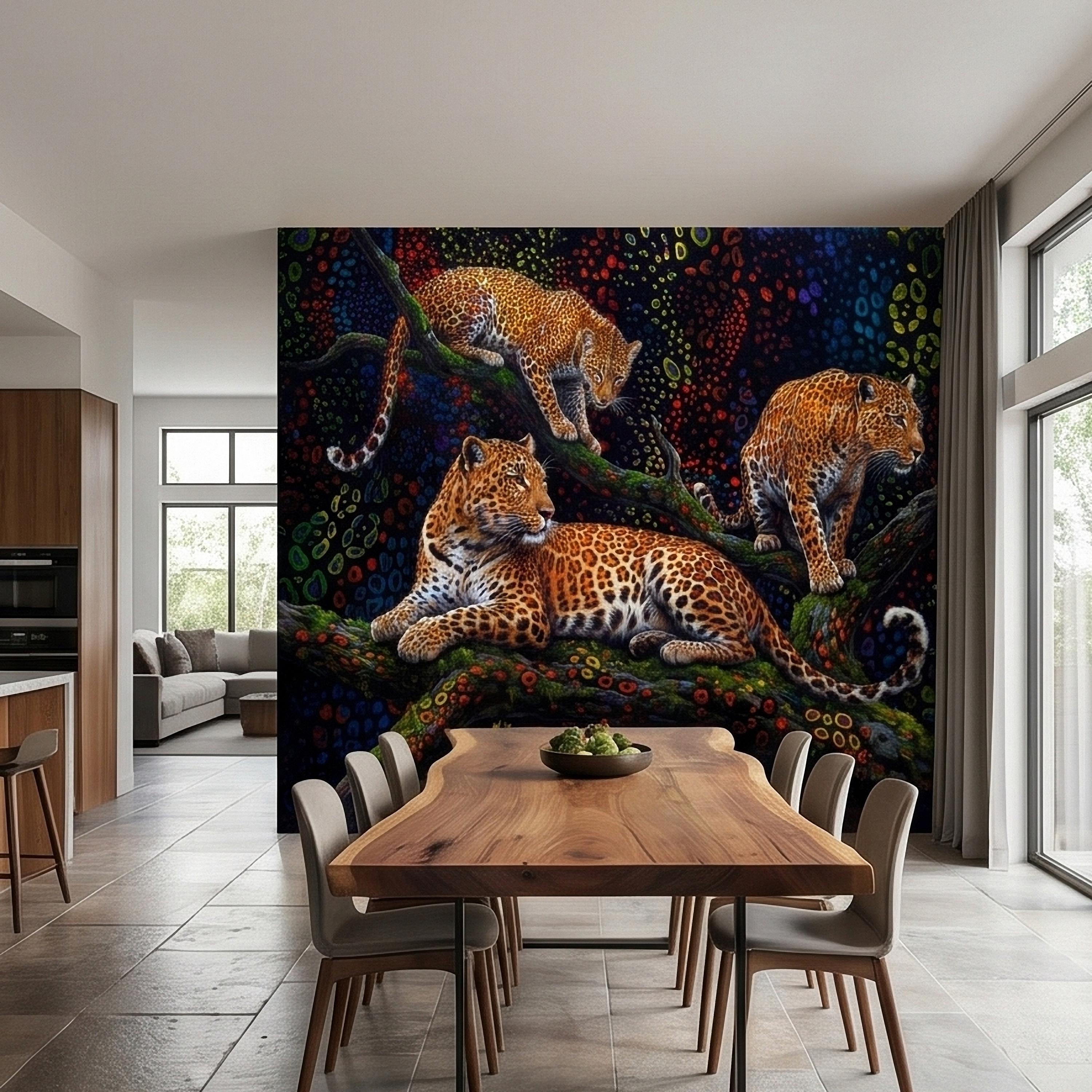 Neon Leopard Peel and Stick Wall Mural, Colorful Jungle Big Cats on Tree Branches, Vibrant Psychedelic Wildlife Safari Night Art Wallpaper