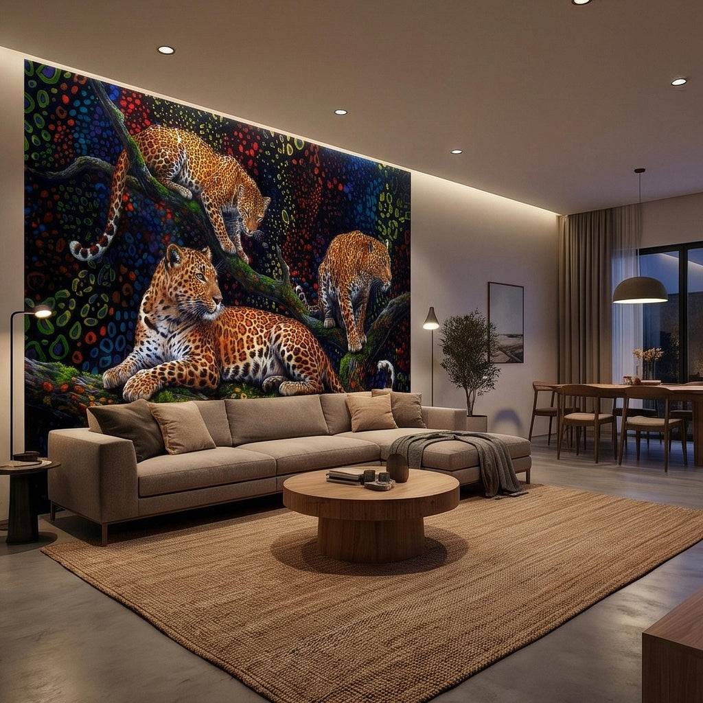 Neon Leopard Peel and Stick Wall Mural, Colorful Jungle Big Cats on Tree Branches, Vibrant Psychedelic Wildlife Safari Night Art Wallpaper