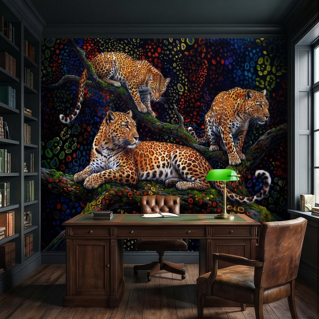 Neon Leopard Peel and Stick Wall Mural, Colorful Jungle Big Cats on Tree Branches, Vibrant Psychedelic Wildlife Safari Night Art Wallpaper