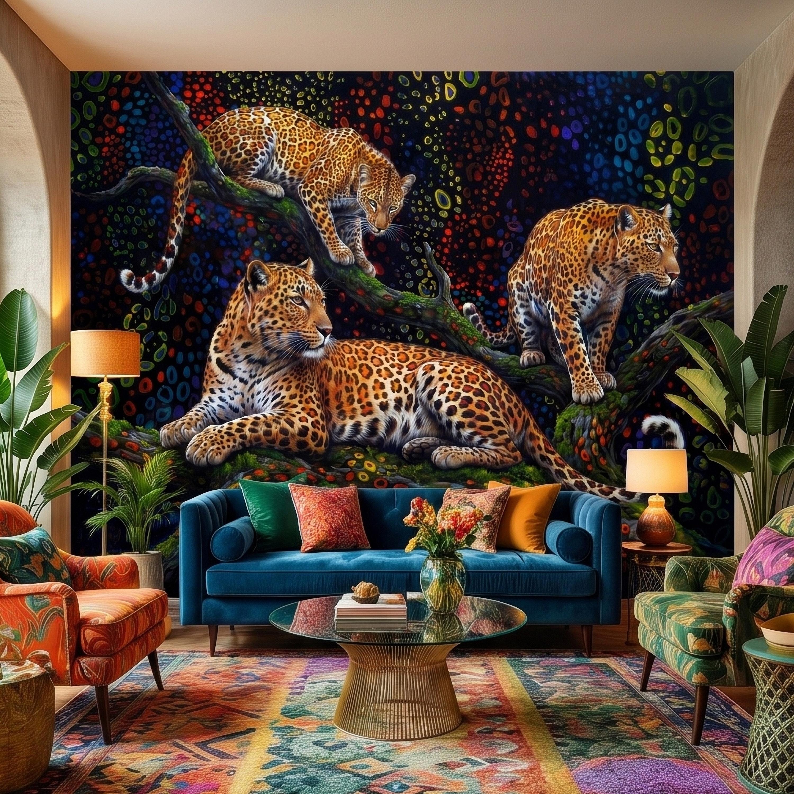 Neon Leopard Peel and Stick Wall Mural, Colorful Jungle Big Cats on Tree Branches, Vibrant Psychedelic Wildlife Safari Night Art Wallpaper