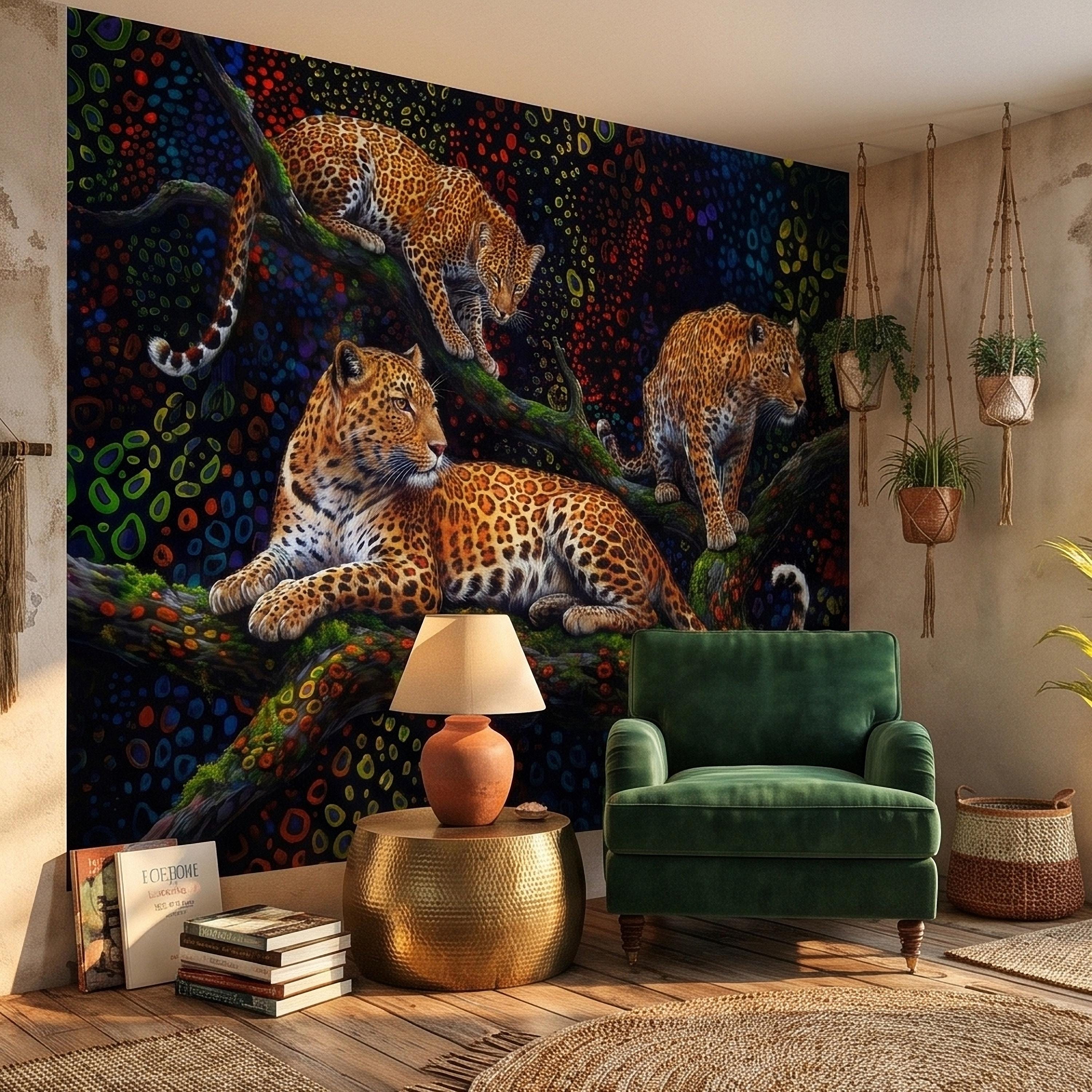 Neon Leopard Peel and Stick Wall Mural, Colorful Jungle Big Cats on Tree Branches, Vibrant Psychedelic Wildlife Safari Night Art Wallpaper