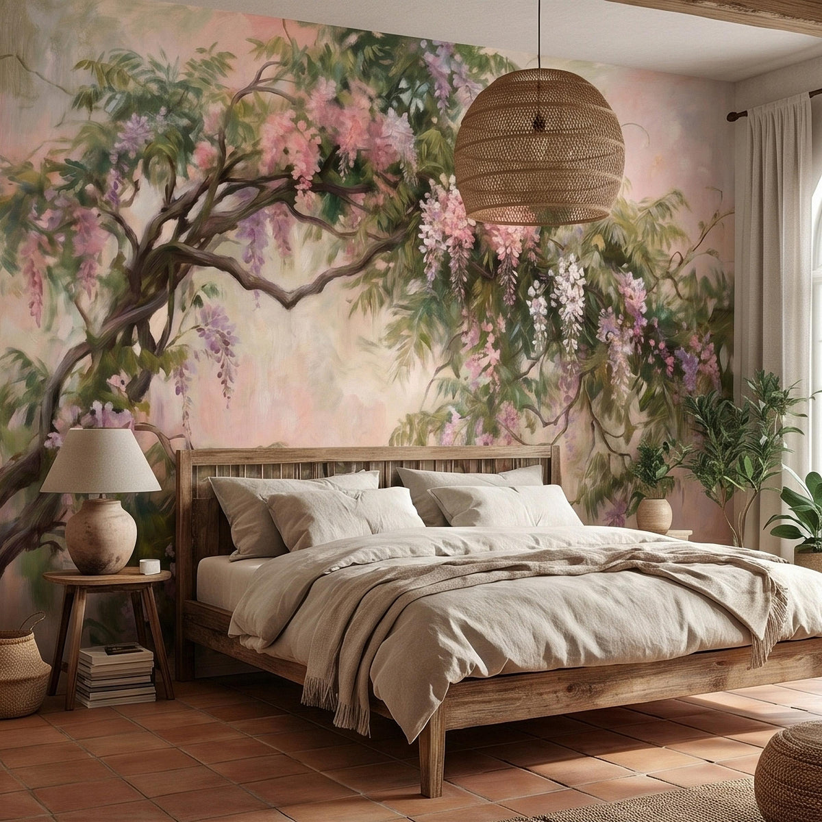 Floral tree branch wall mural with hanging clusters of pink and purple blossoms