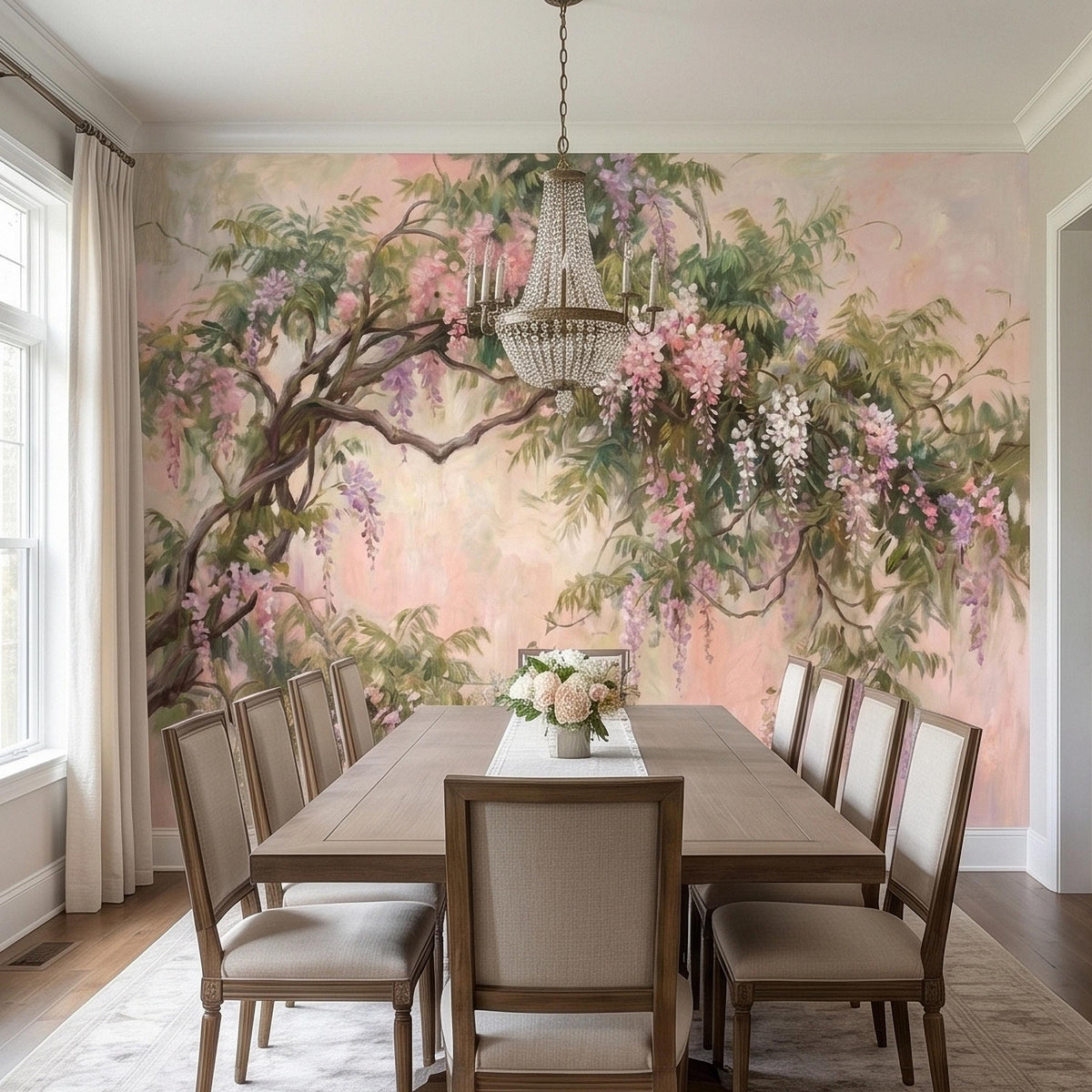 Romantic floral tree branch wall mural with pink blossoms and green leaves