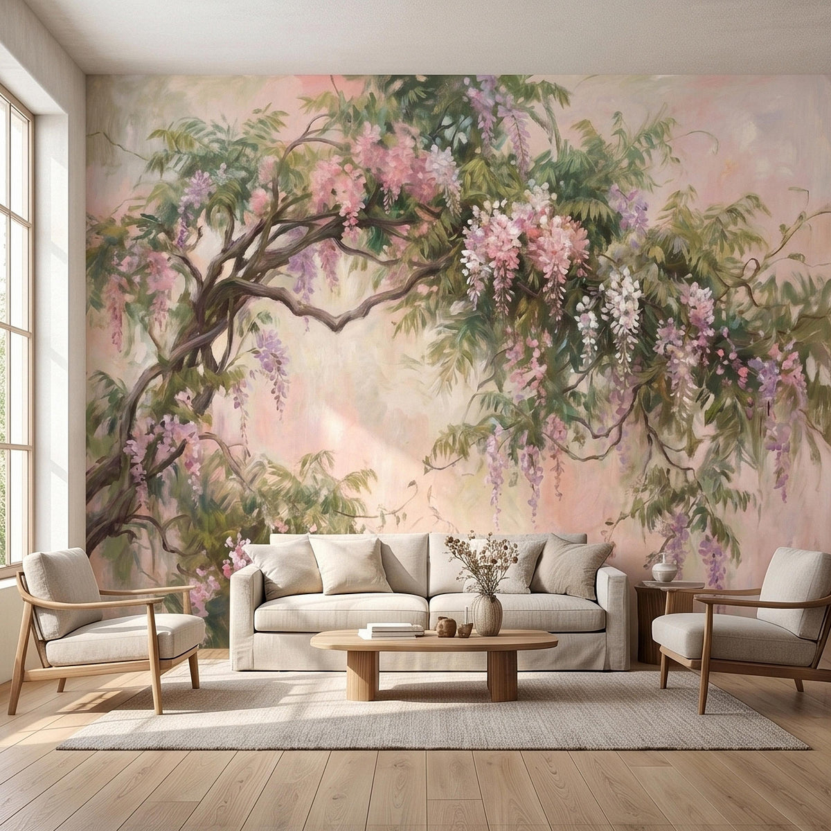 Pastel floral tree branch wall mural with pink, purple blossoms on soft cream background