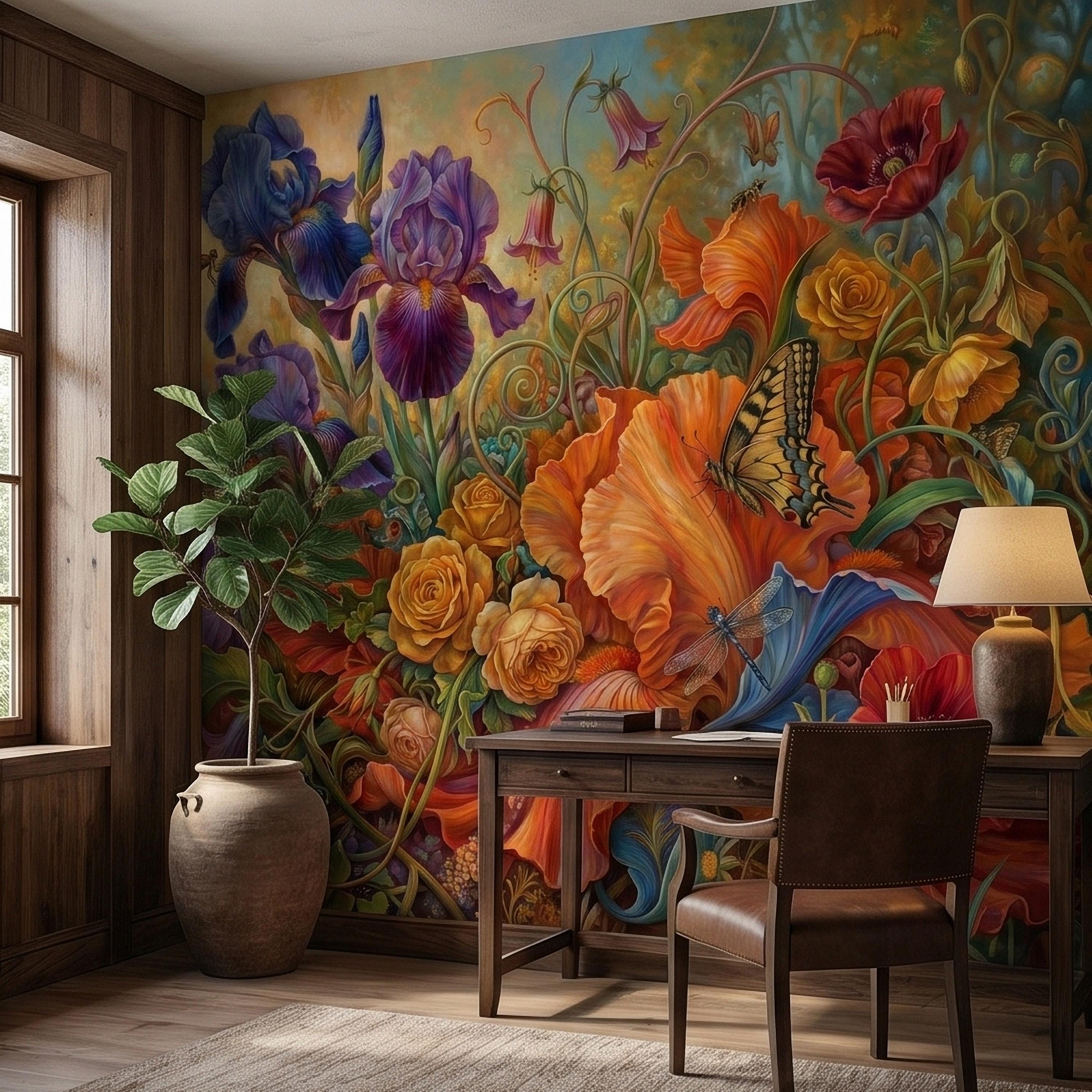 Iris and Poppy Peel and Stick Wall Mural, Vintage Botanical Floral Oil Painting with Roses, Butterflies and Dragonflies, Cottage Wallpaper