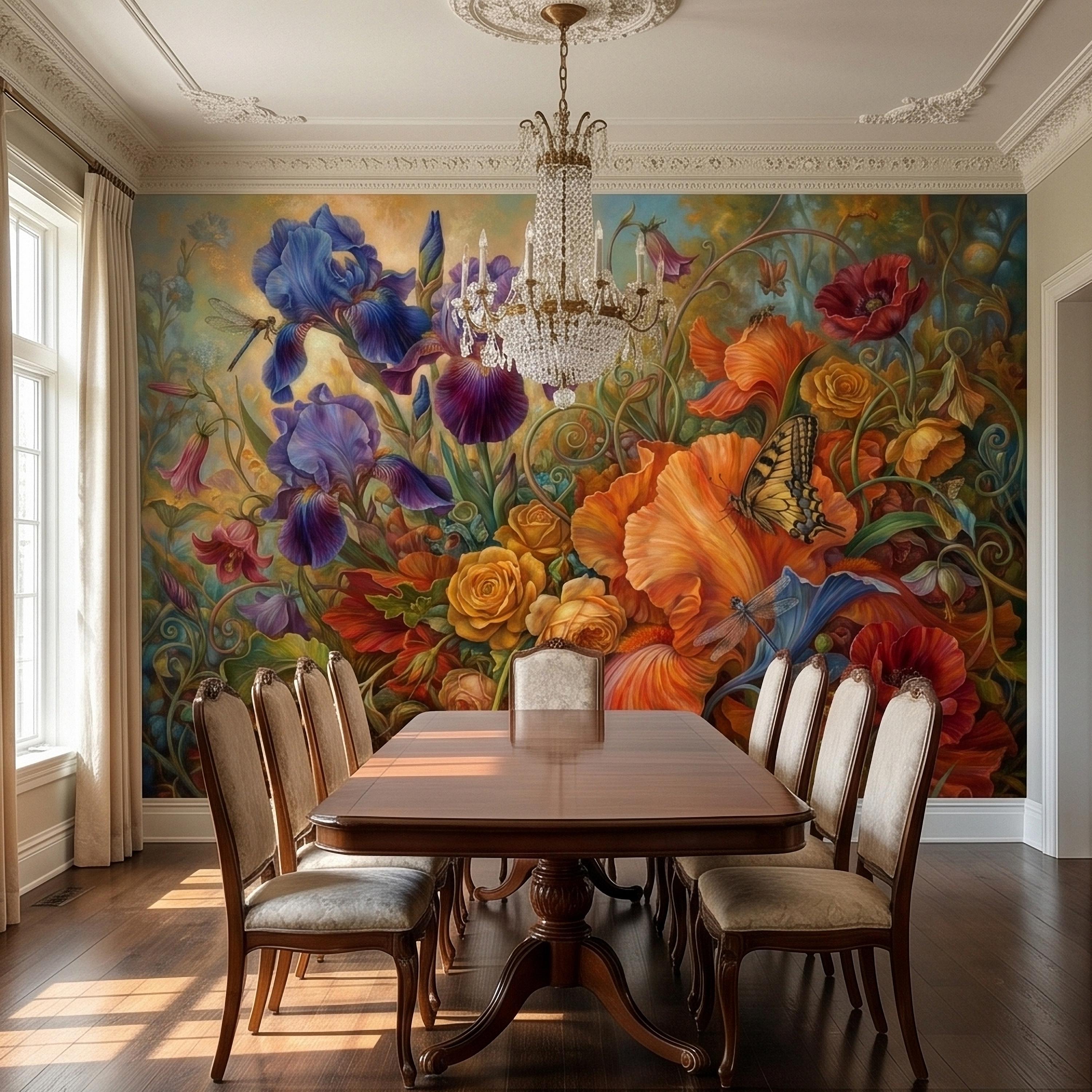 Iris and Poppy Peel and Stick Wall Mural, Vintage Botanical Floral Oil Painting with Roses, Butterflies and Dragonflies, Cottage Wallpaper