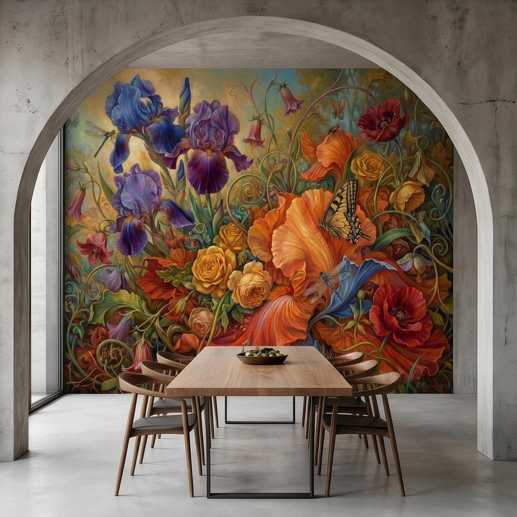 Iris and Poppy Peel and Stick Wall Mural, Vintage Botanical Floral Oil Painting with Roses, Butterflies and Dragonflies, Cottage Wallpaper