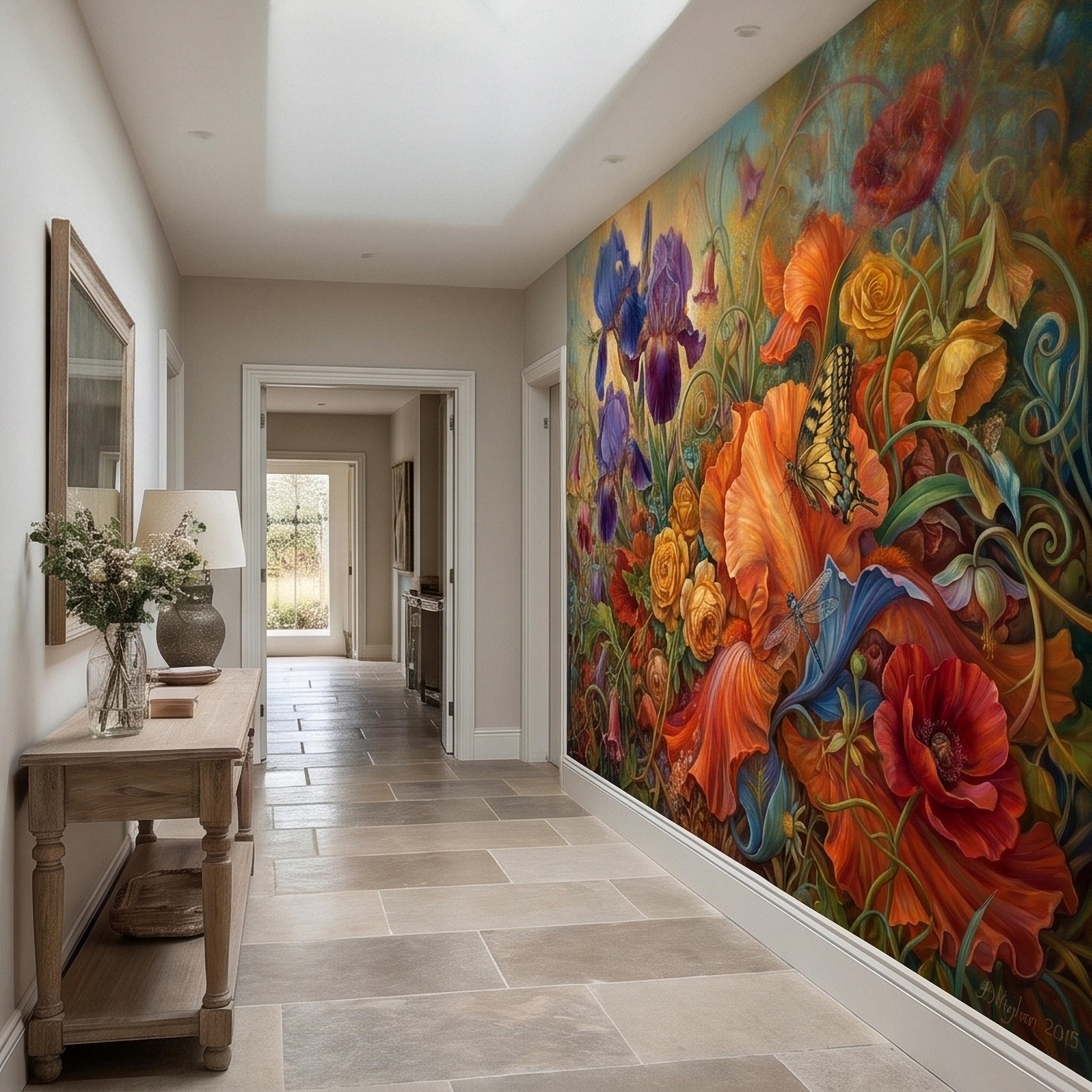 Iris and Poppy Peel and Stick Wall Mural, Vintage Botanical Floral Oil Painting with Roses, Butterflies and Dragonflies, Cottage Wallpaper
