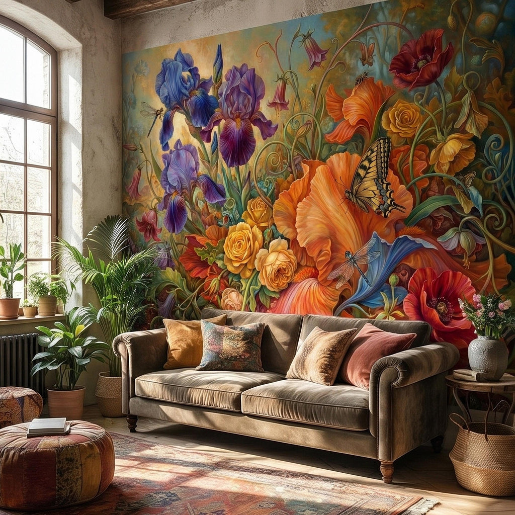 Iris and Poppy Peel and Stick Wall Mural, Vintage Botanical Floral Oil Painting with Roses, Butterflies and Dragonflies, Cottage Wallpaper