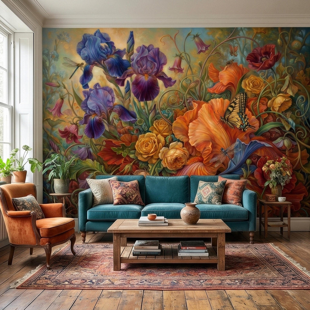 Iris and Poppy Peel and Stick Wall Mural, Vintage Botanical Floral Oil Painting with Roses, Butterflies and Dragonflies, Cottage Wallpaper