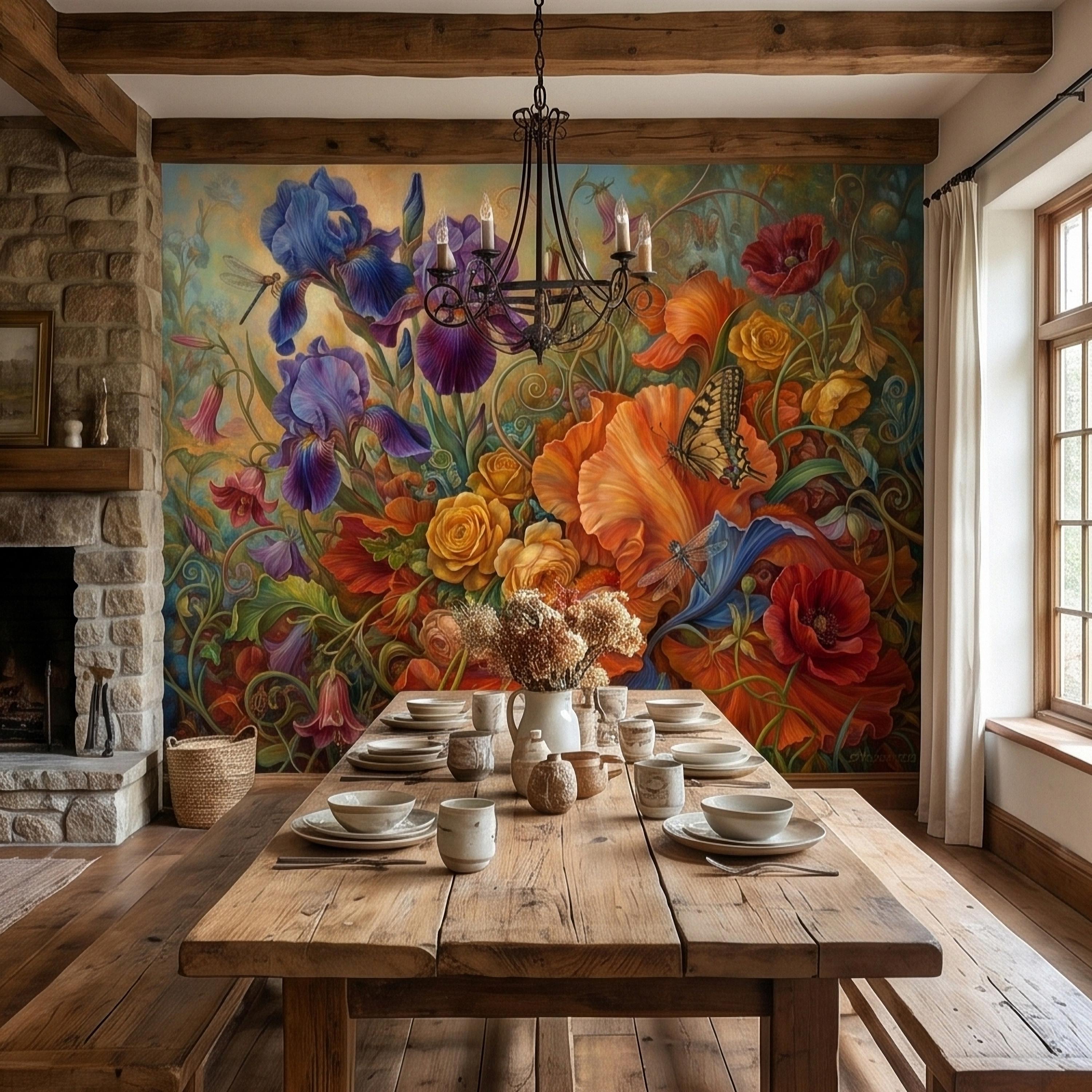 Iris and Poppy Peel and Stick Wall Mural, Vintage Botanical Floral Oil Painting with Roses, Butterflies and Dragonflies, Cottage Wallpaper