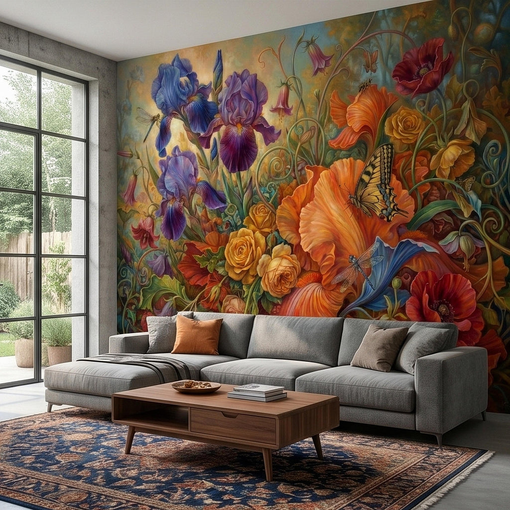 Iris and Poppy Peel and Stick Wall Mural, Vintage Botanical Floral Oil Painting with Roses, Butterflies and Dragonflies, Cottage Wallpaper