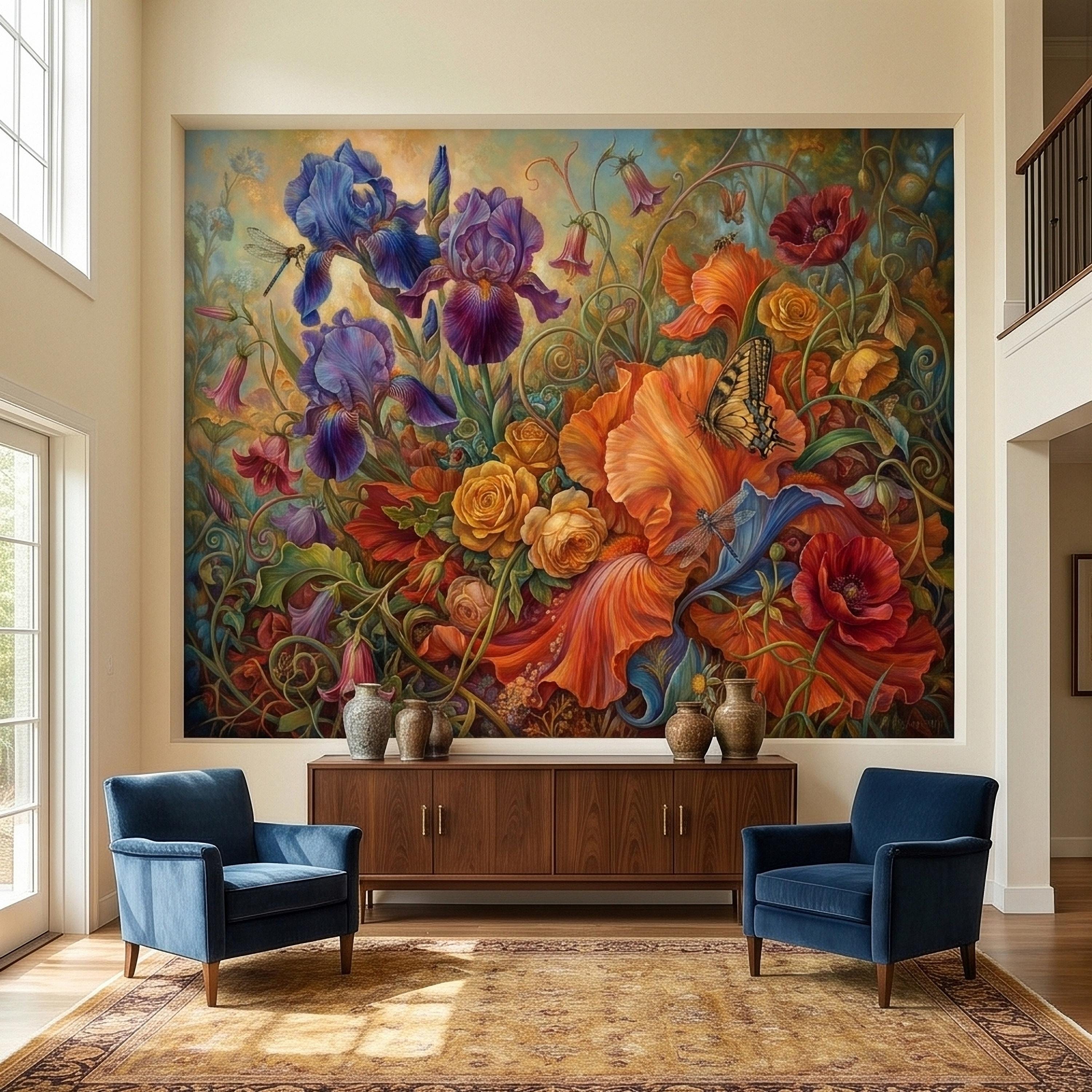 Iris and Poppy Peel and Stick Wall Mural, Vintage Botanical Floral Oil Painting with Roses, Butterflies and Dragonflies, Cottage Wallpaper