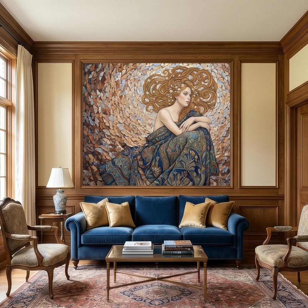 Art Nouveau Butterfly Woman Peel and Stick Wall Mural, Vintage Romantic Ethereal Goddess Portrait Golden Hair Botanical Tapestry Wallpaper