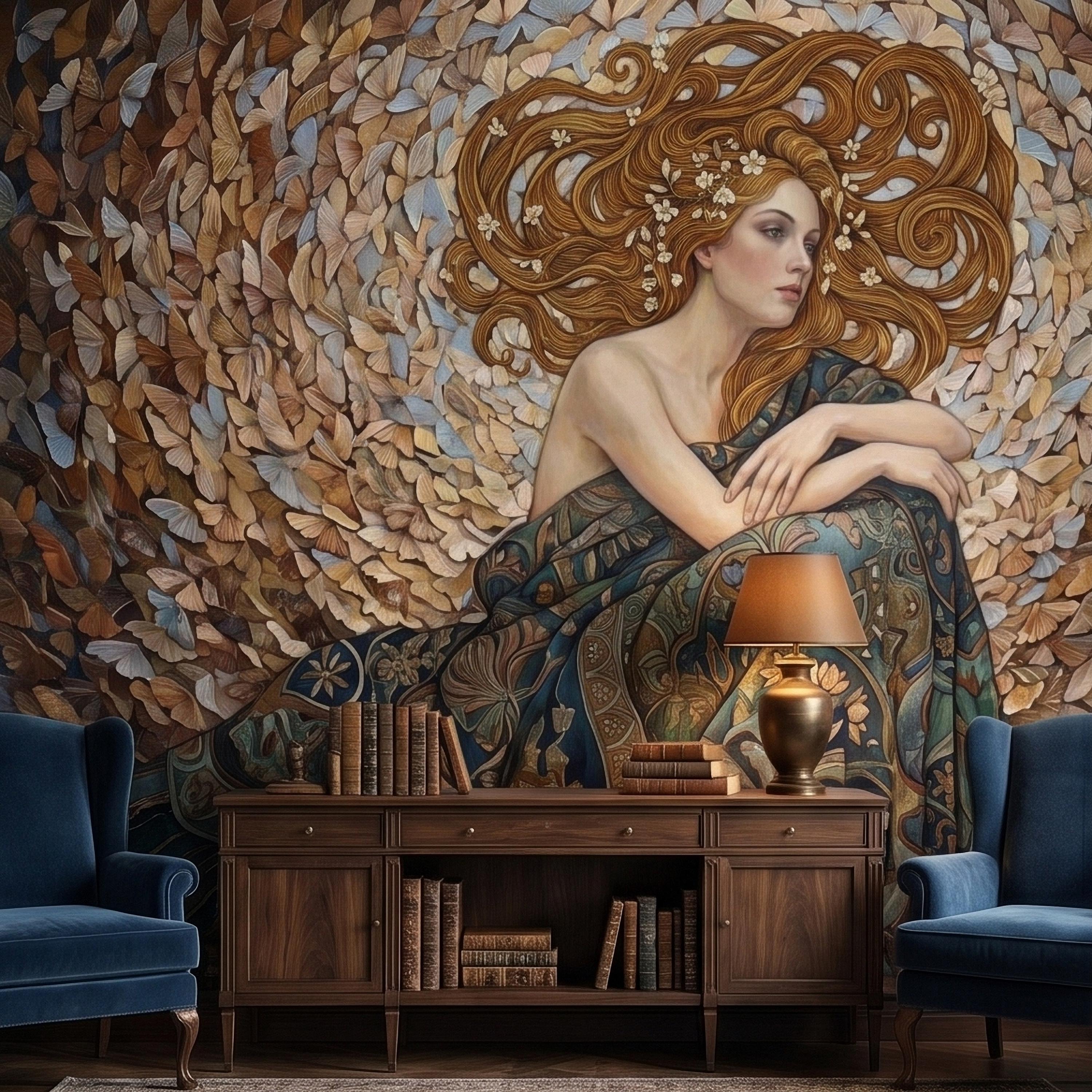 Art Nouveau Butterfly Woman Peel and Stick Wall Mural, Vintage Romantic Ethereal Goddess Portrait Golden Hair Botanical Tapestry Wallpaper