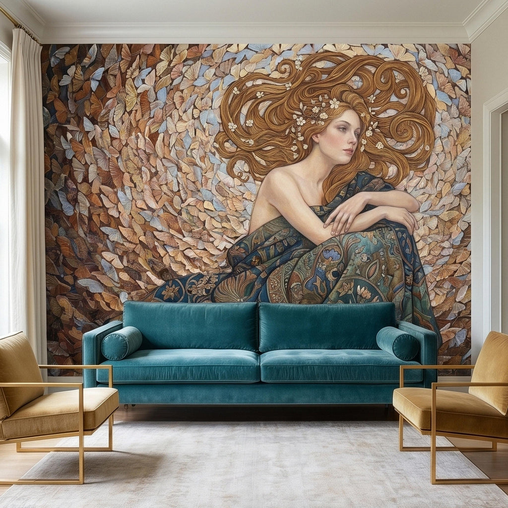 Art Nouveau Butterfly Woman Peel and Stick Wall Mural, Vintage Romantic Ethereal Goddess Portrait Golden Hair Botanical Tapestry Wallpaper
