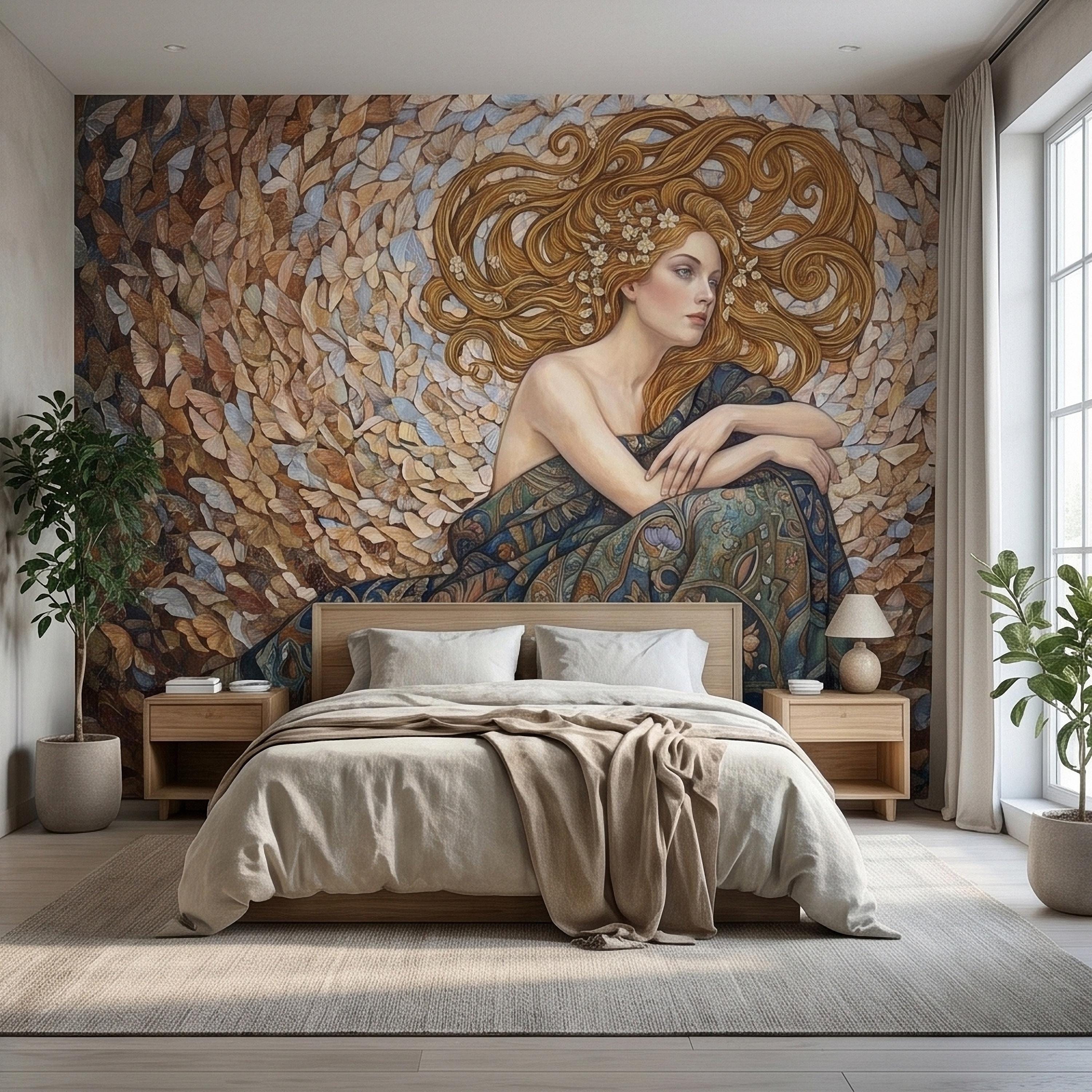 Art Nouveau Butterfly Woman Peel and Stick Wall Mural, Vintage Romantic Ethereal Goddess Portrait Golden Hair Botanical Tapestry Wallpaper