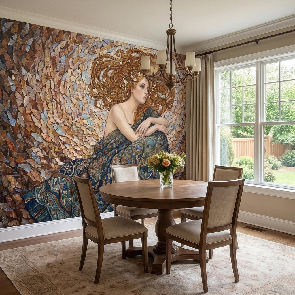 Art Nouveau Butterfly Woman Peel and Stick Wall Mural, Vintage Romantic Ethereal Goddess Portrait Golden Hair Botanical Tapestry Wallpaper
