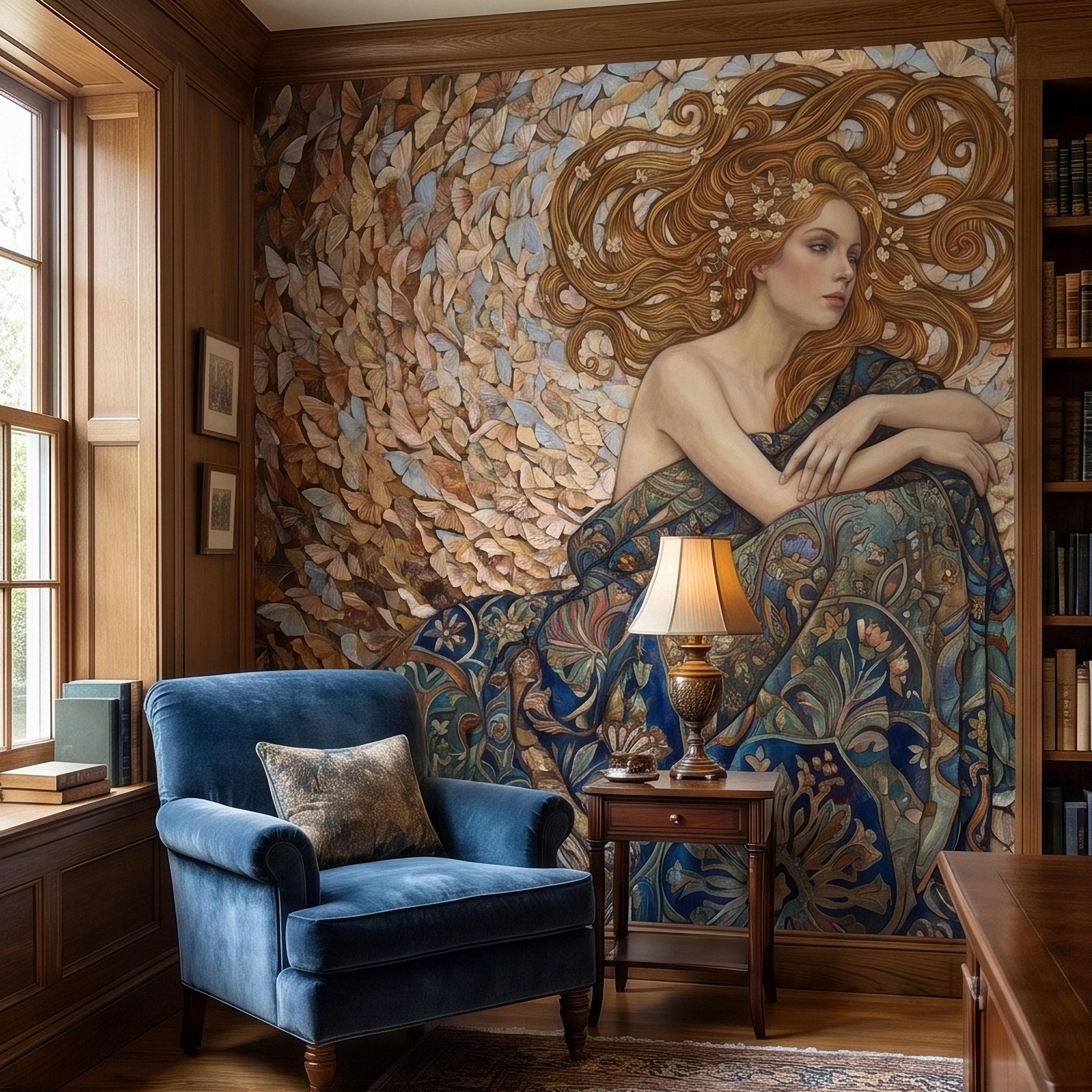 Art Nouveau Butterfly Woman Peel and Stick Wall Mural, Vintage Romantic Ethereal Goddess Portrait Golden Hair Botanical Tapestry Wallpaper