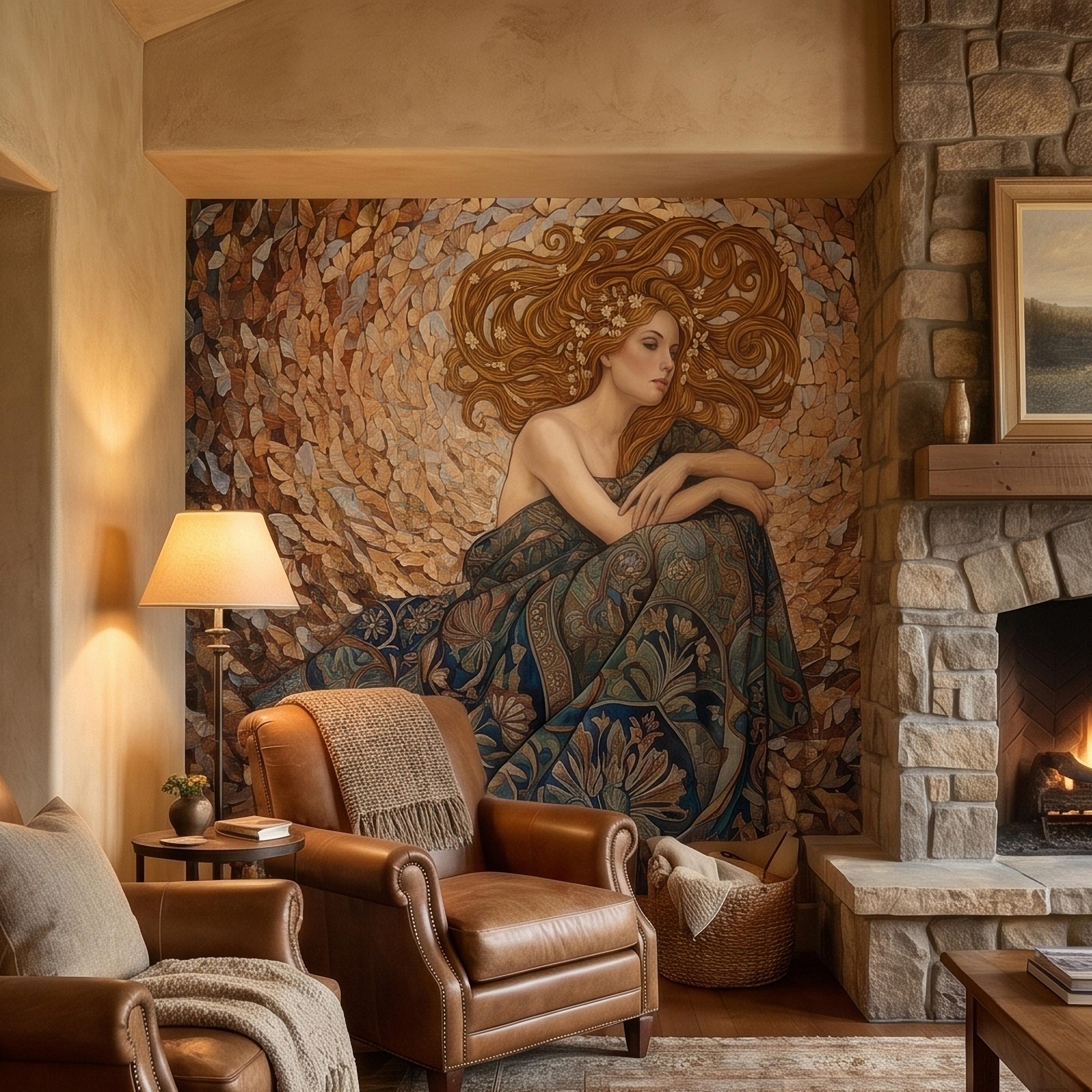 Art Nouveau Butterfly Woman Peel and Stick Wall Mural, Vintage Romantic Ethereal Goddess Portrait Golden Hair Botanical Tapestry Wallpaper