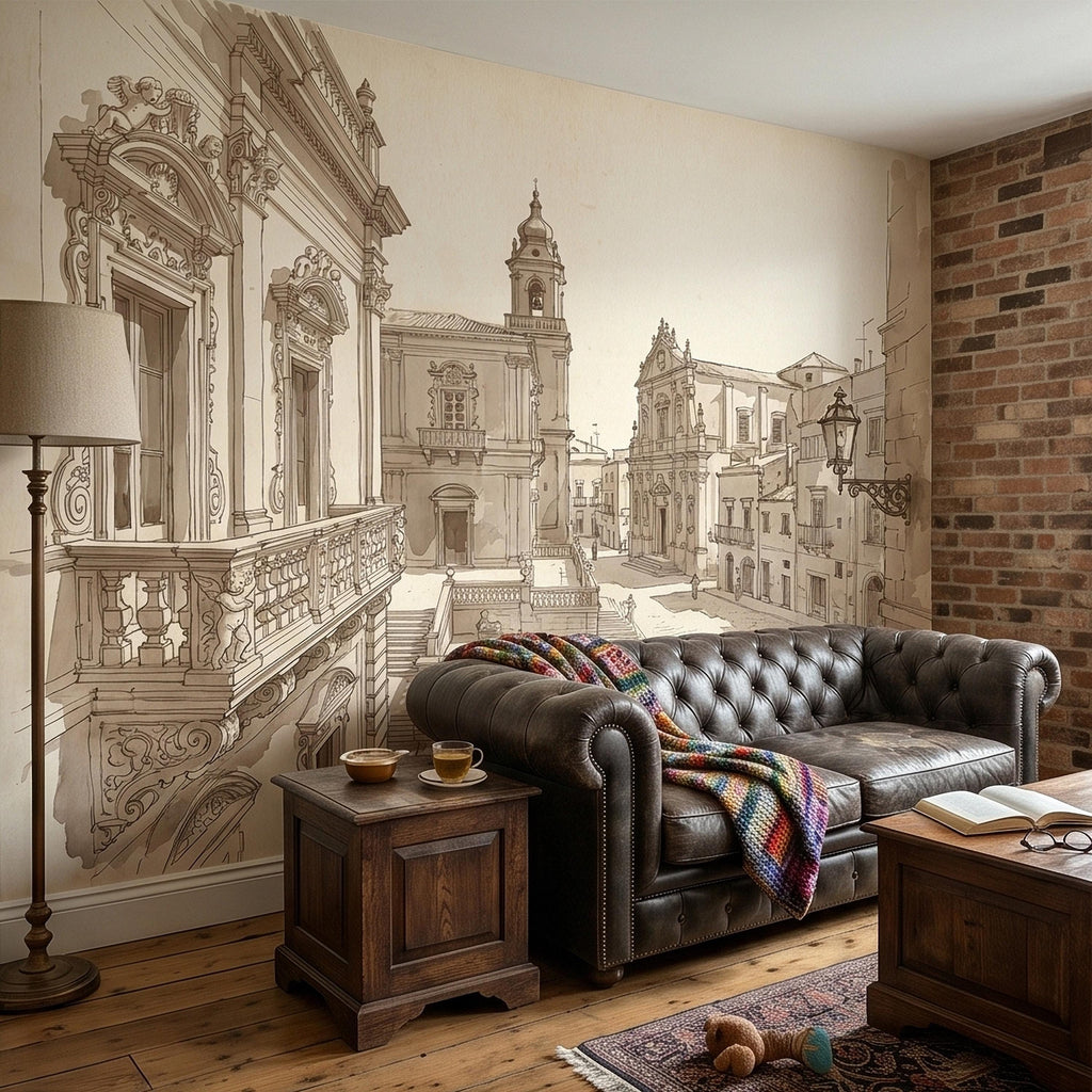 Italian Old Town Street Peel and Stick Wall Mural, Vintage Architecture Sketch, European Piazza Line Drawing, Sepia Beige Neutral Wallpaper