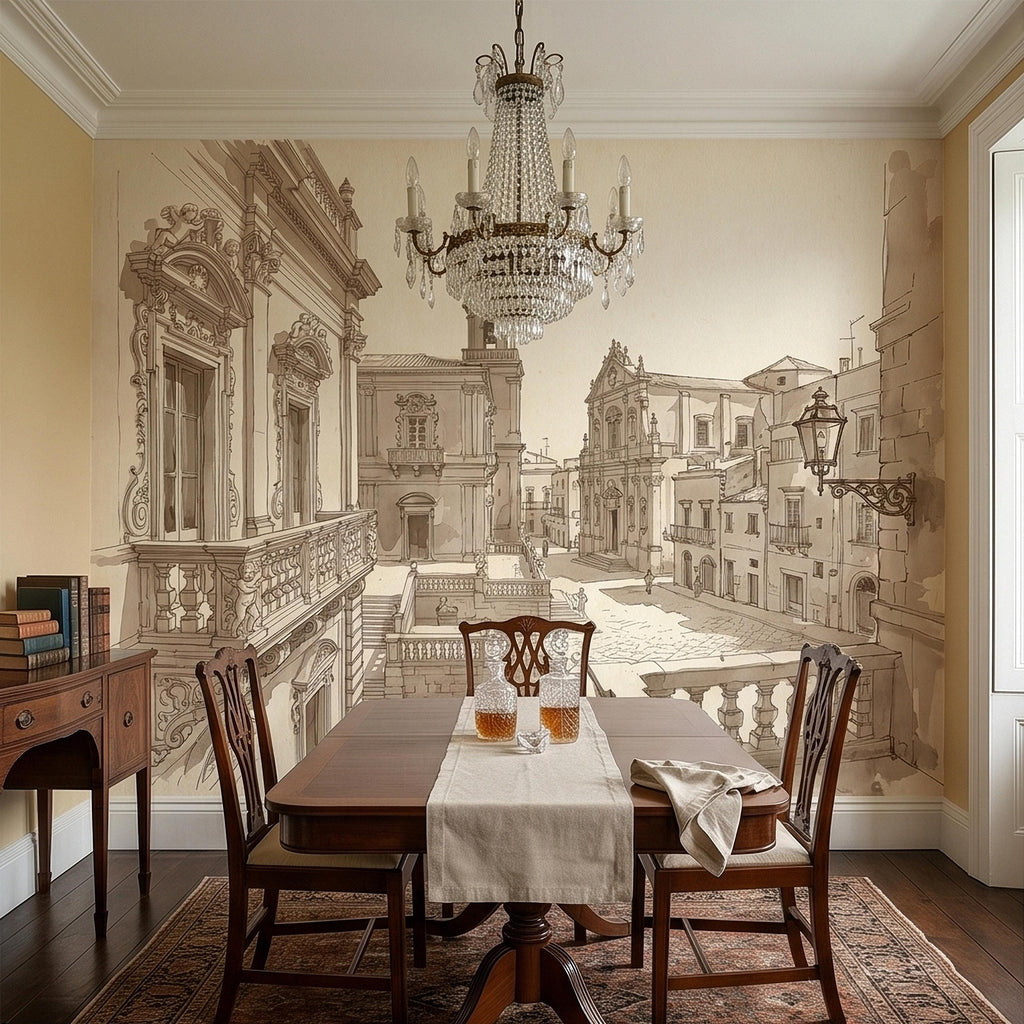 Italian Old Town Street Peel and Stick Wall Mural, Vintage Architecture Sketch, European Piazza Line Drawing, Sepia Beige Neutral Wallpaper