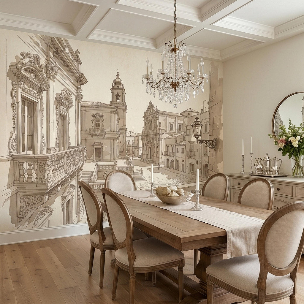 Italian Old Town Street Peel and Stick Wall Mural, Vintage Architecture Sketch, European Piazza Line Drawing, Sepia Beige Neutral Wallpaper