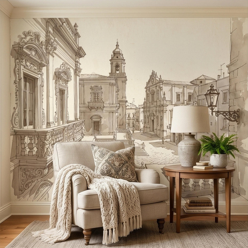 Italian Old Town Street Peel and Stick Wall Mural, Vintage Architecture Sketch, European Piazza Line Drawing, Sepia Beige Neutral Wallpaper