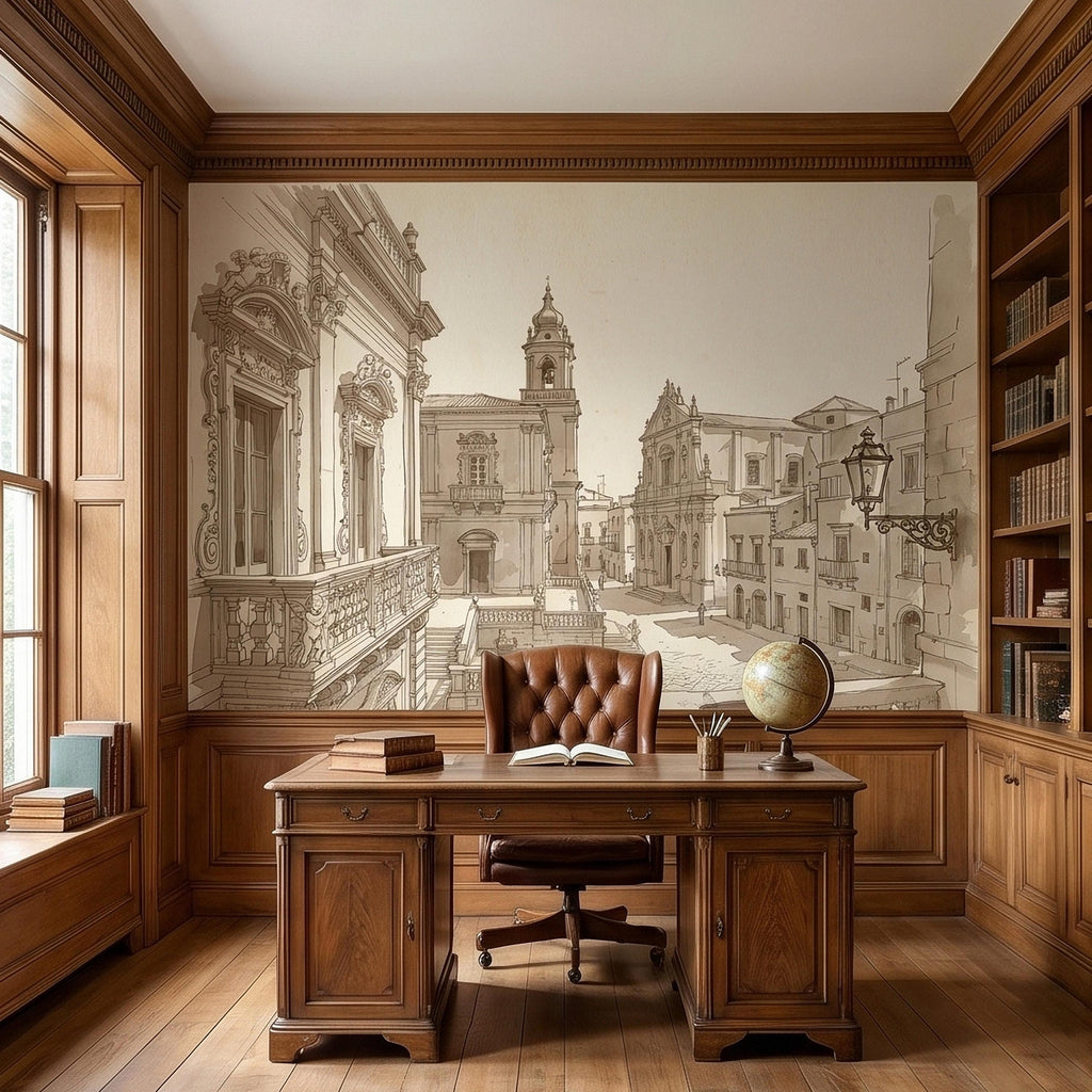 Italian Old Town Street Peel and Stick Wall Mural, Vintage Architecture Sketch, European Piazza Line Drawing, Sepia Beige Neutral Wallpaper