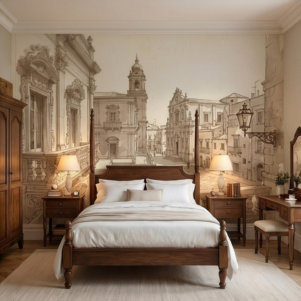 Italian Old Town Street Peel and Stick Wall Mural, Vintage Architecture Sketch, European Piazza Line Drawing, Sepia Beige Neutral Wallpaper