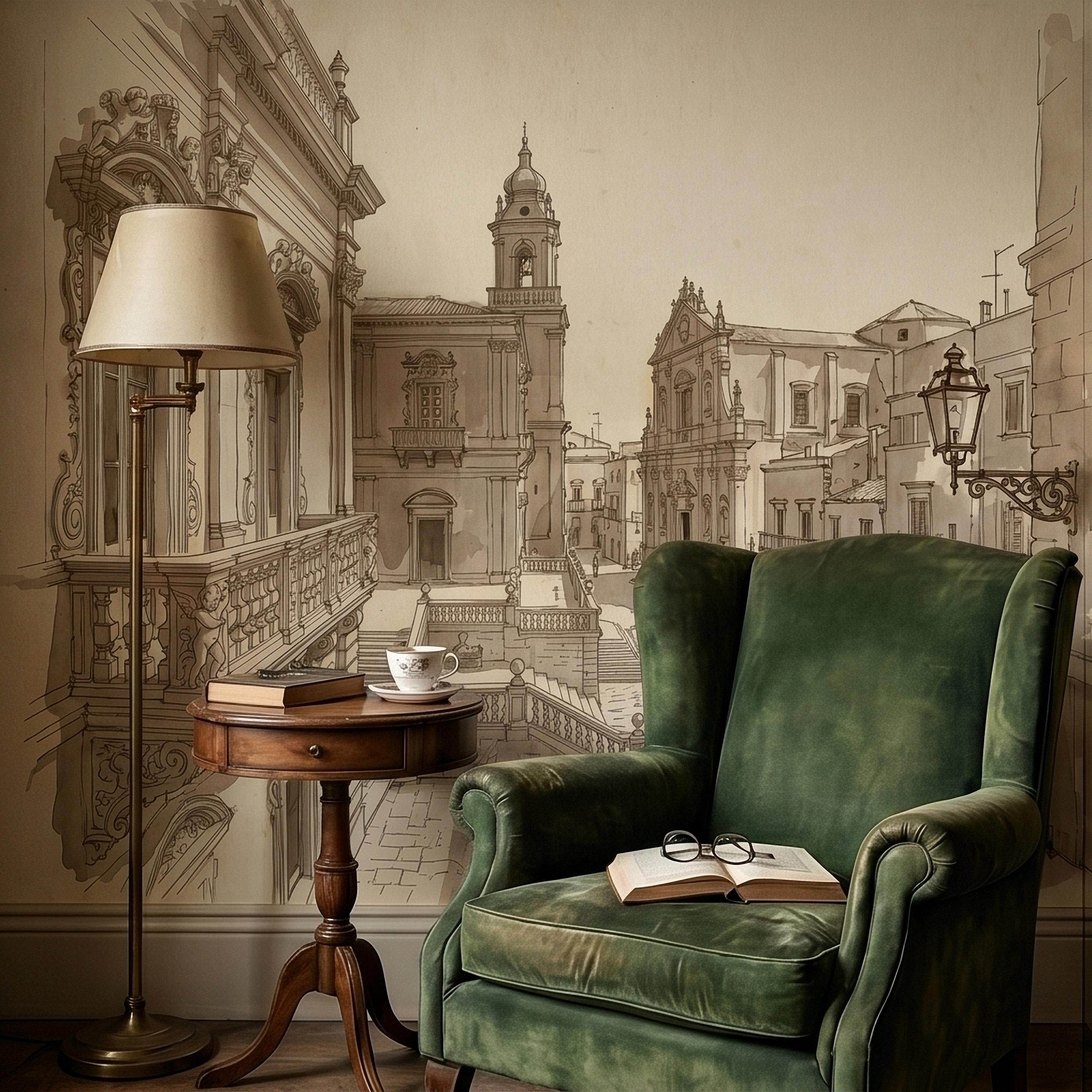 Italian Old Town Street Peel and Stick Wall Mural, Vintage Architecture Sketch, European Piazza Line Drawing, Sepia Beige Neutral Wallpaper