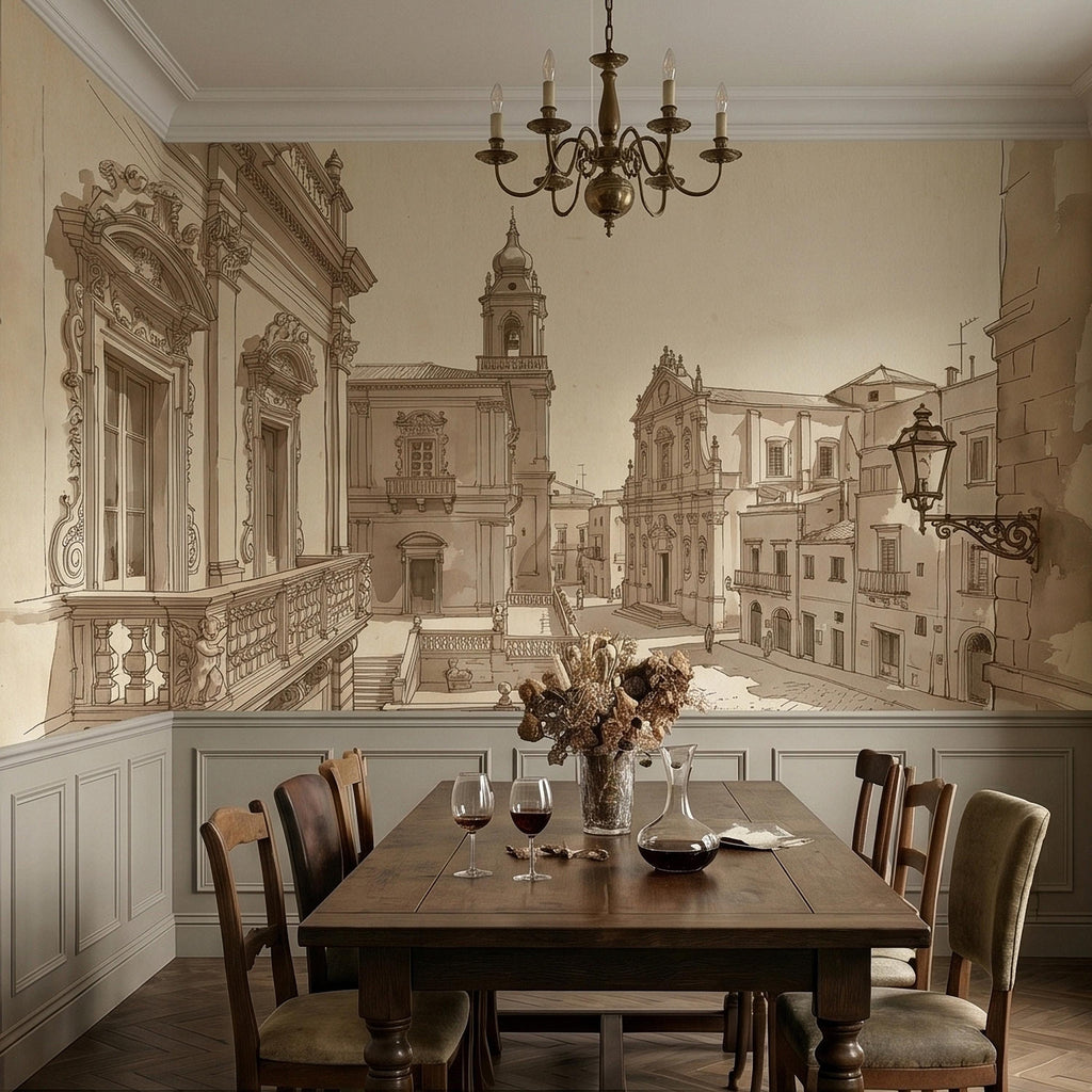 Italian Old Town Street Peel and Stick Wall Mural, Vintage Architecture Sketch, European Piazza Line Drawing, Sepia Beige Neutral Wallpaper