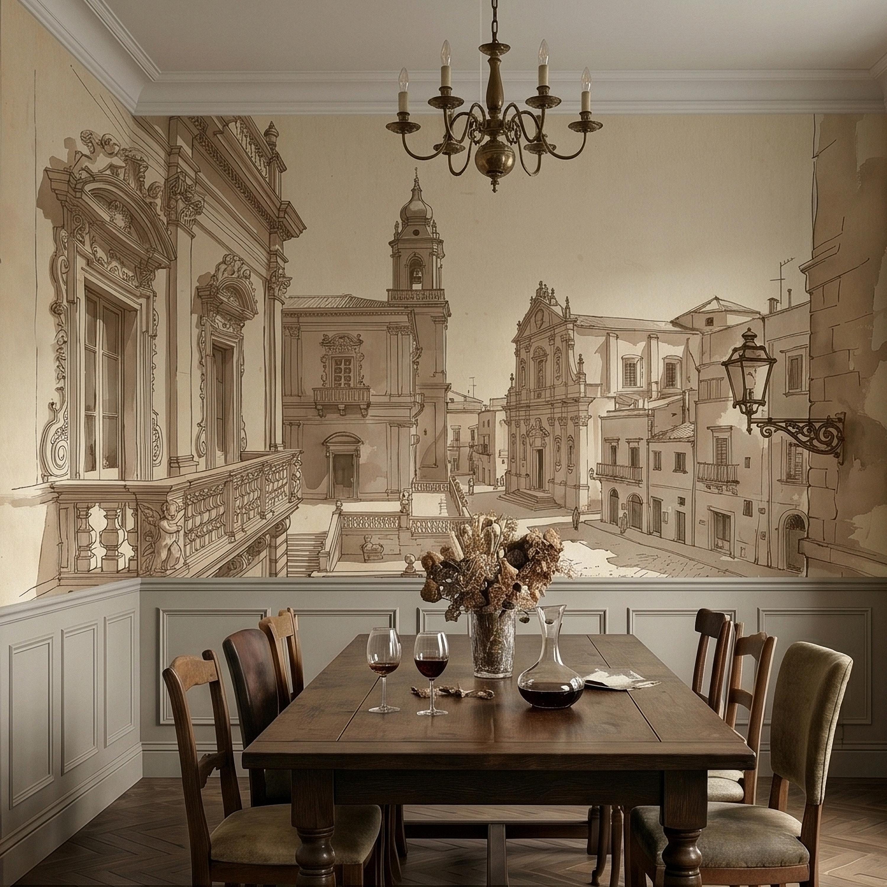 Italian Old Town Street Peel and Stick Wall Mural, Vintage Architecture Sketch, European Piazza Line Drawing, Sepia Beige Neutral Wallpaper