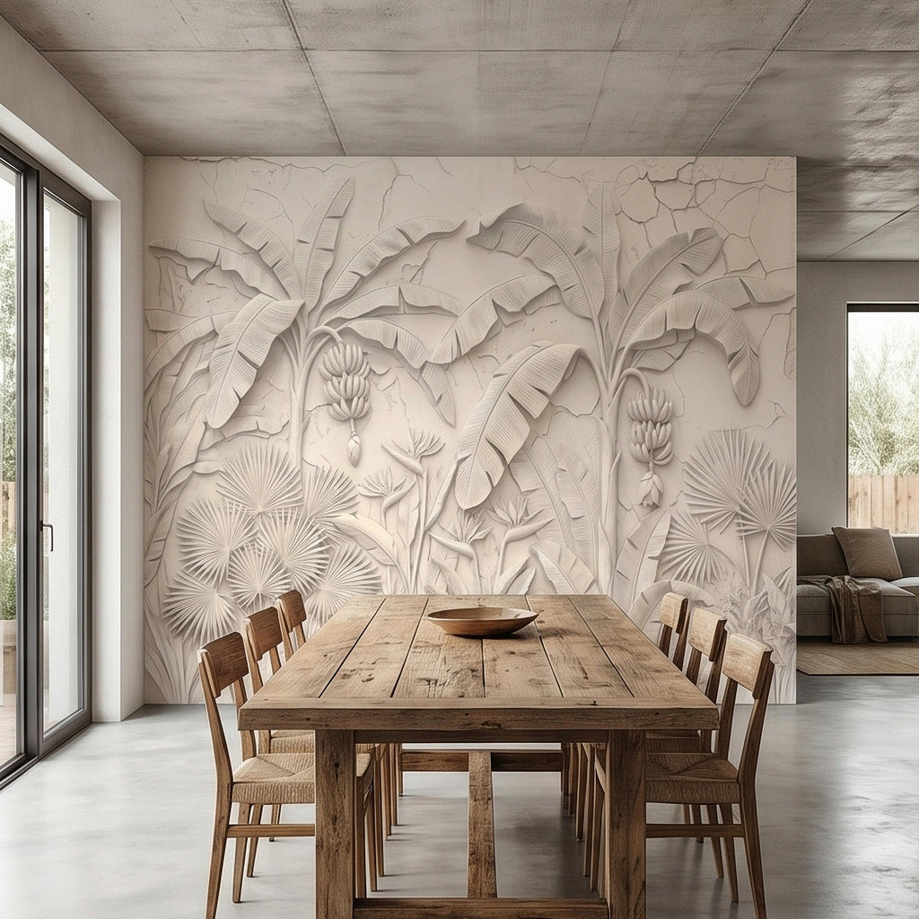 Neutral Ivory White Tropical Jungle Peel and Stick Wall Mural, 3D Plaster Banana Leaves and Palms, Textured Botanical Bas Relief Wallpaper