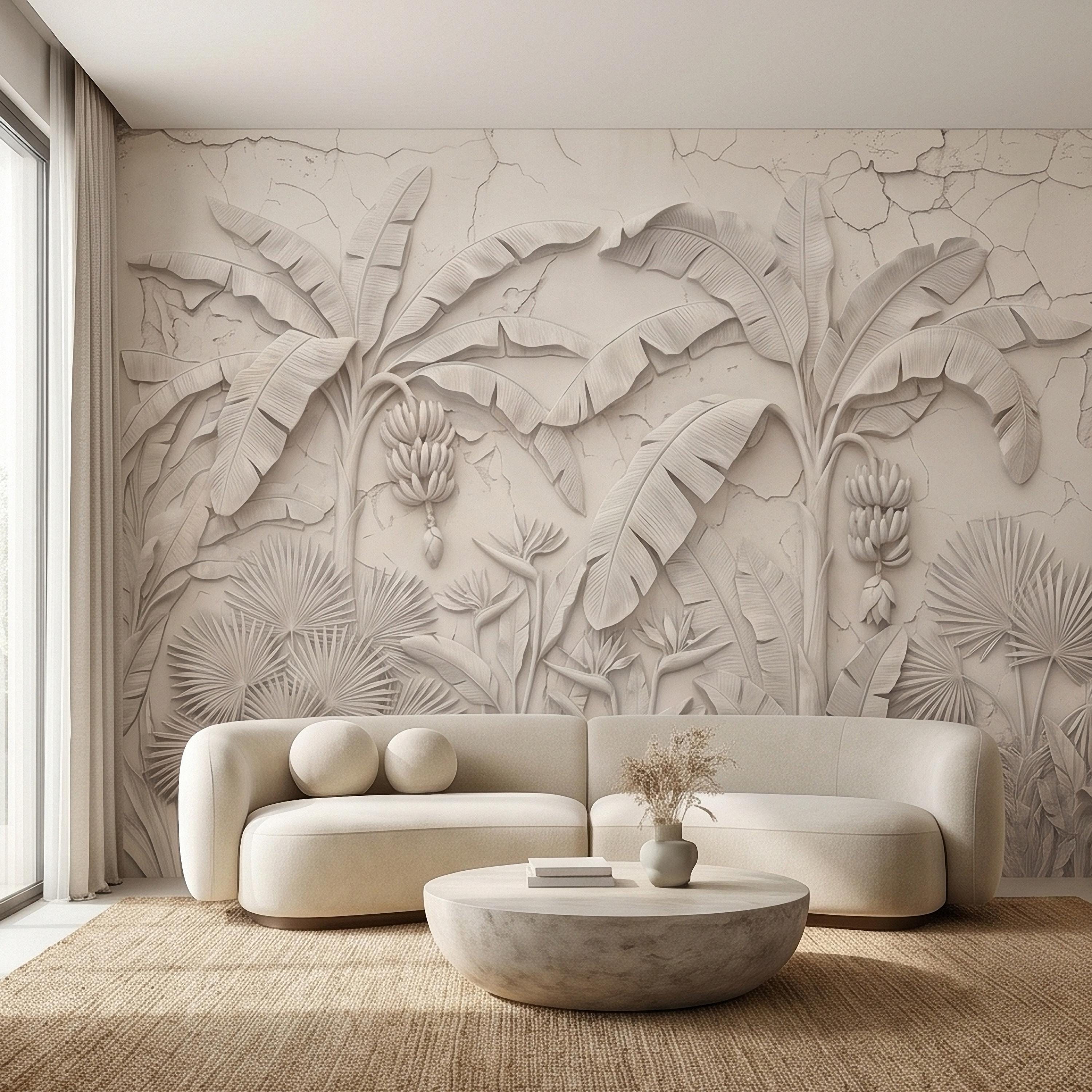 Neutral Ivory White Tropical Jungle Peel and Stick Wall Mural, 3D Plaster Banana Leaves and Palms, Textured Botanical Bas Relief Wallpaper