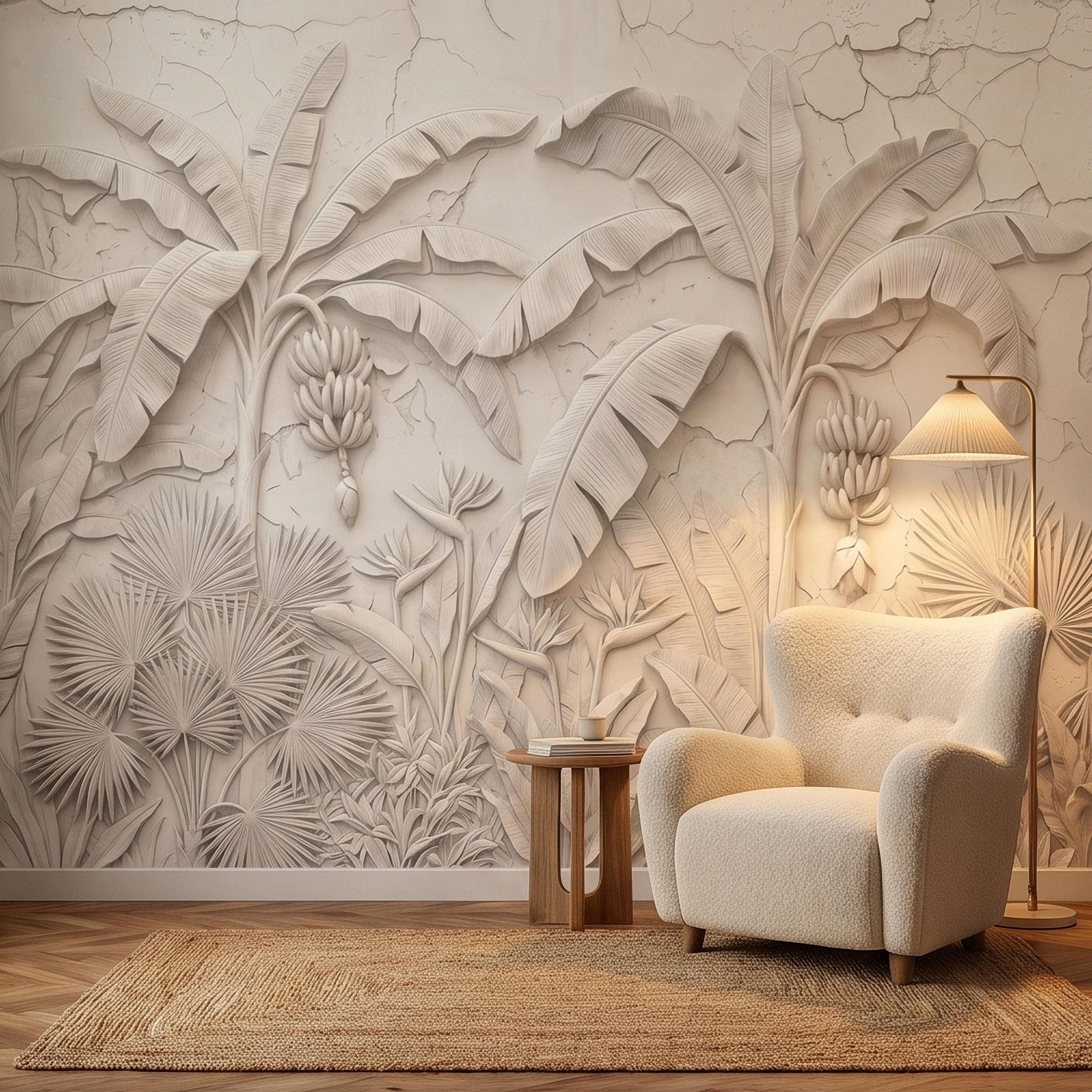 Neutral Ivory White Tropical Jungle Peel and Stick Wall Mural, 3D Plaster Banana Leaves and Palms, Textured Botanical Bas Relief Wallpaper