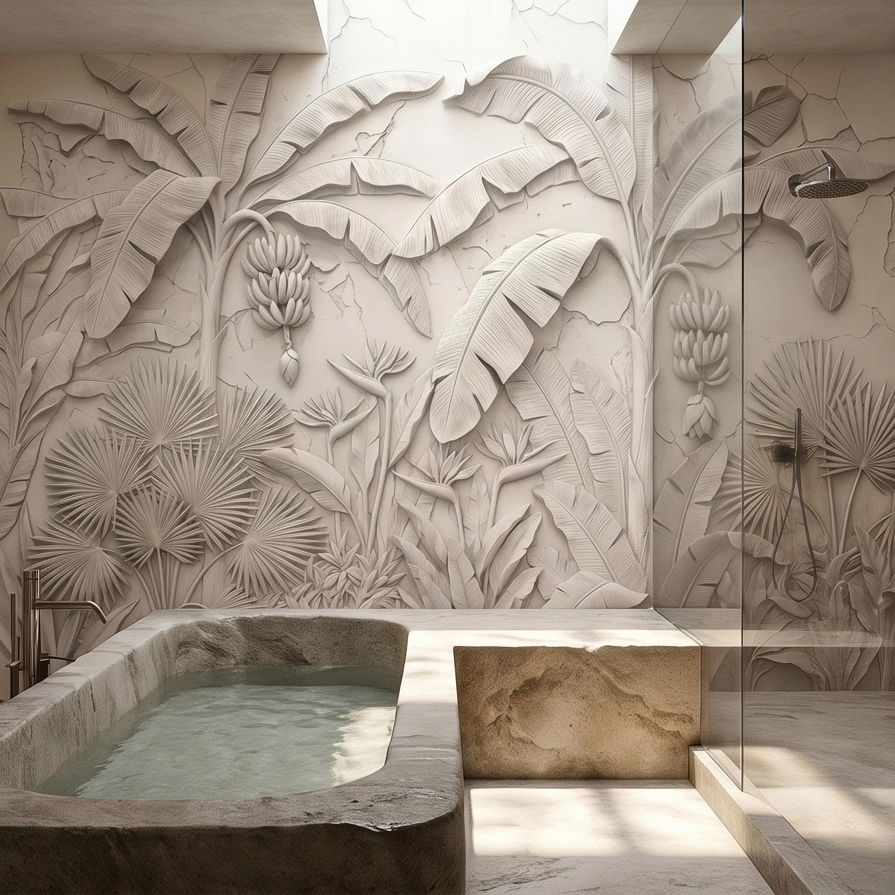 Neutral Ivory White Tropical Jungle Peel and Stick Wall Mural, 3D Plaster Banana Leaves and Palms, Textured Botanical Bas Relief Wallpaper