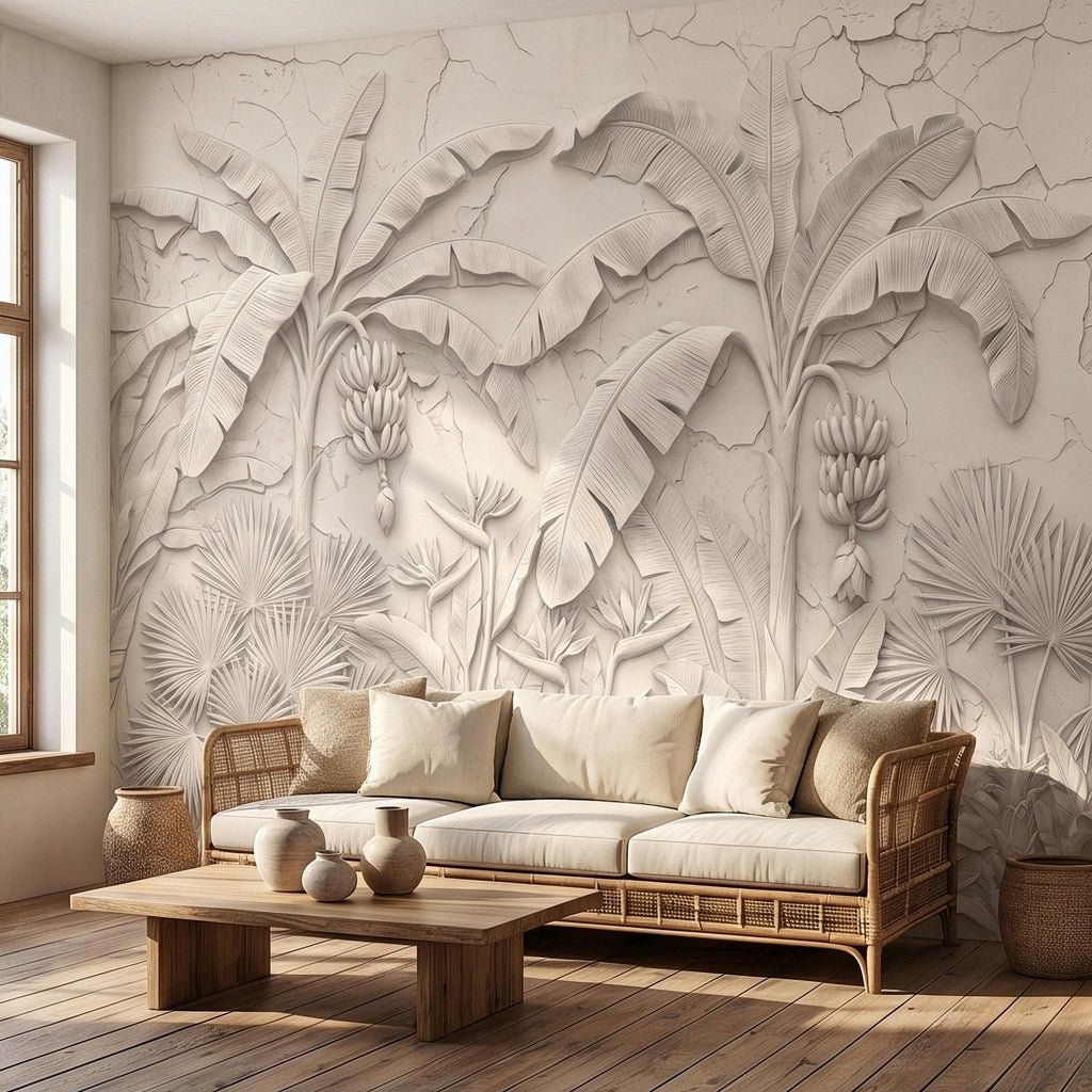 Neutral Ivory White Tropical Jungle Peel and Stick Wall Mural, 3D Plaster Banana Leaves and Palms, Textured Botanical Bas Relief Wallpaper